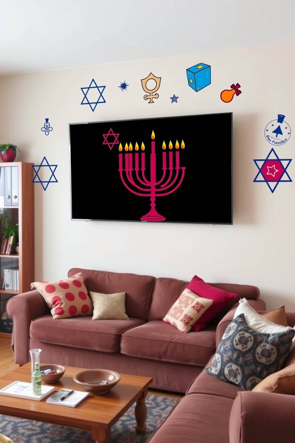 Artistic wall decals featuring symbols of Hanukkah such as menorahs and dreidels adorn the walls of a cozy apartment living room. The decals are vibrant and colorful, creating a festive atmosphere that captures the spirit of the holiday.