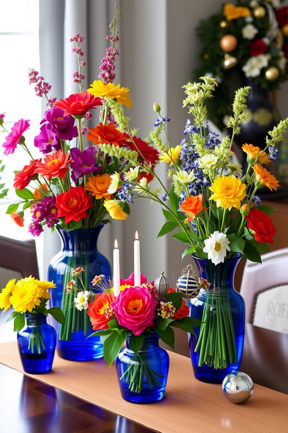 Vibrant floral arrangements in blue vases create a lively and inviting atmosphere. The bold colors of the flowers contrast beautifully with the deep blue of the vases, adding a touch of elegance to the space. For Hanukkah decorating ideas, consider incorporating traditional elements with a modern twist. Use a mix of menorahs, dreidels, and festive garlands to enhance the celebratory mood while maintaining a stylish aesthetic.