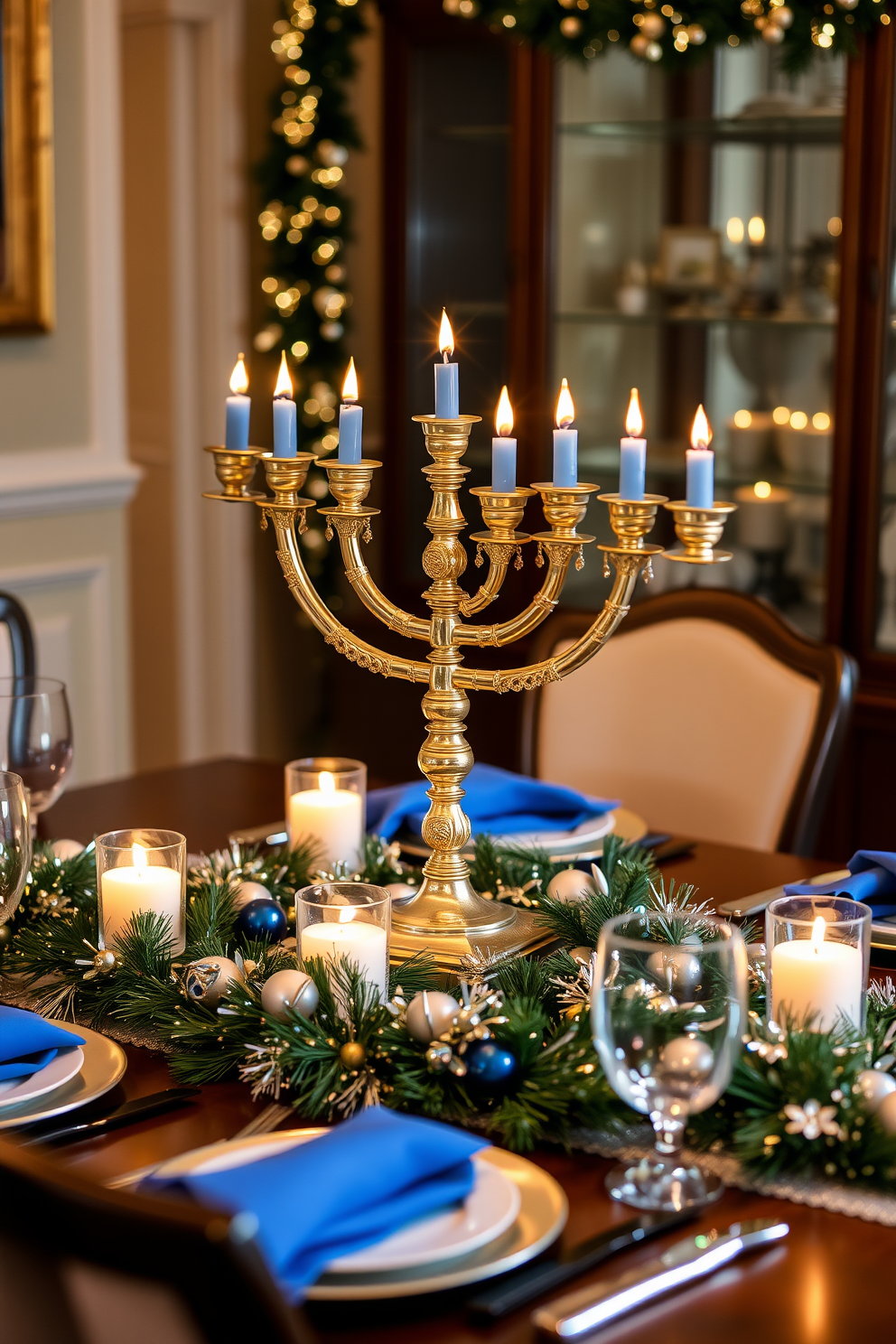 A stunning menorah centerpiece made of gold and silver is elegantly placed on a beautifully set dining table. Surrounding the menorah are festive decorations, including blue and white candles, and shimmering garlands that enhance the warmth of the Hanukkah celebration.