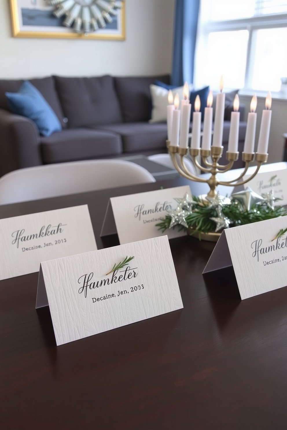 Personalized place cards for holiday meals. Each card features elegant calligraphy on a textured cardstock, adorned with a small sprig of rosemary for a touch of greenery. Apartment Hanukkah decorating ideas. The living space is filled with soft blue and silver accents, including a beautifully arranged menorah on the dining table, surrounded by shimmering star decorations.