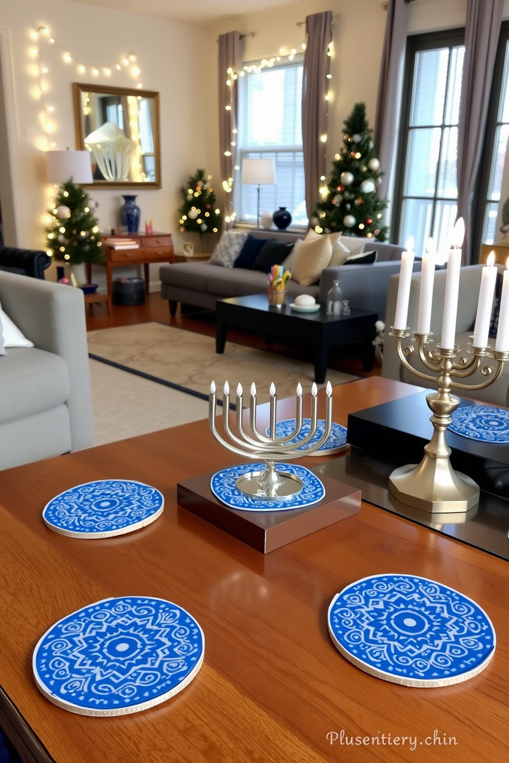 Stylish Hanukkah themed coasters are placed on wooden tables throughout the apartment. The coasters feature intricate designs in blue and silver, adding a festive touch to the decor. The living room is adorned with elegant Hanukkah decorations, including a beautifully lit menorah on the coffee table. Soft white string lights are draped along the windows, creating a warm and inviting atmosphere for the holiday celebration.