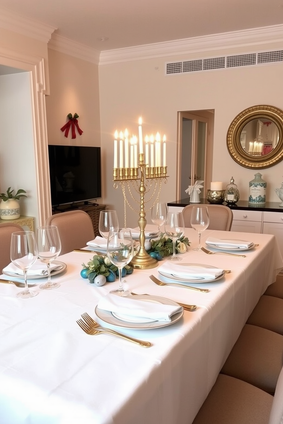 Elegant table settings with gold cutlery. The table is adorned with a crisp white tablecloth and delicate glassware, creating a sophisticated atmosphere for the celebration. Apartment Hanukkah decorating ideas. Soft blue and silver accents are used throughout the space, with a beautifully lit menorah as the centerpiece on the dining table.