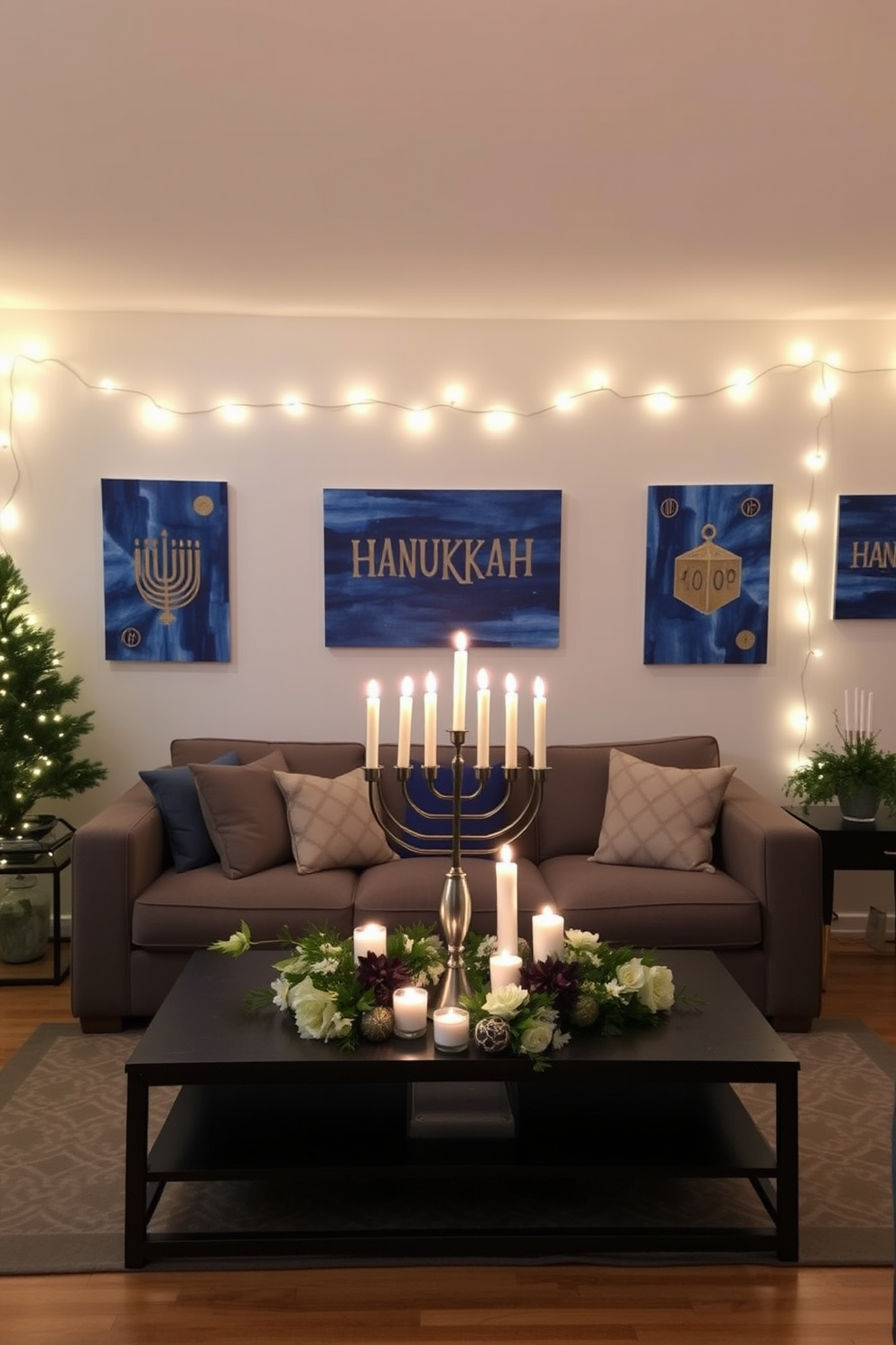 Creative Hanukkah themed art adorns the walls of a cozy apartment living room. The artwork features vibrant blues and golds, depicting traditional symbols like menorahs and dreidels, adding a festive touch to the space. The apartment is decorated with twinkling fairy lights draped along the windows and a beautifully arranged table centerpiece. A menorah sits prominently on the coffee table, surrounded by candles and decorative elements that celebrate the spirit of the holiday.