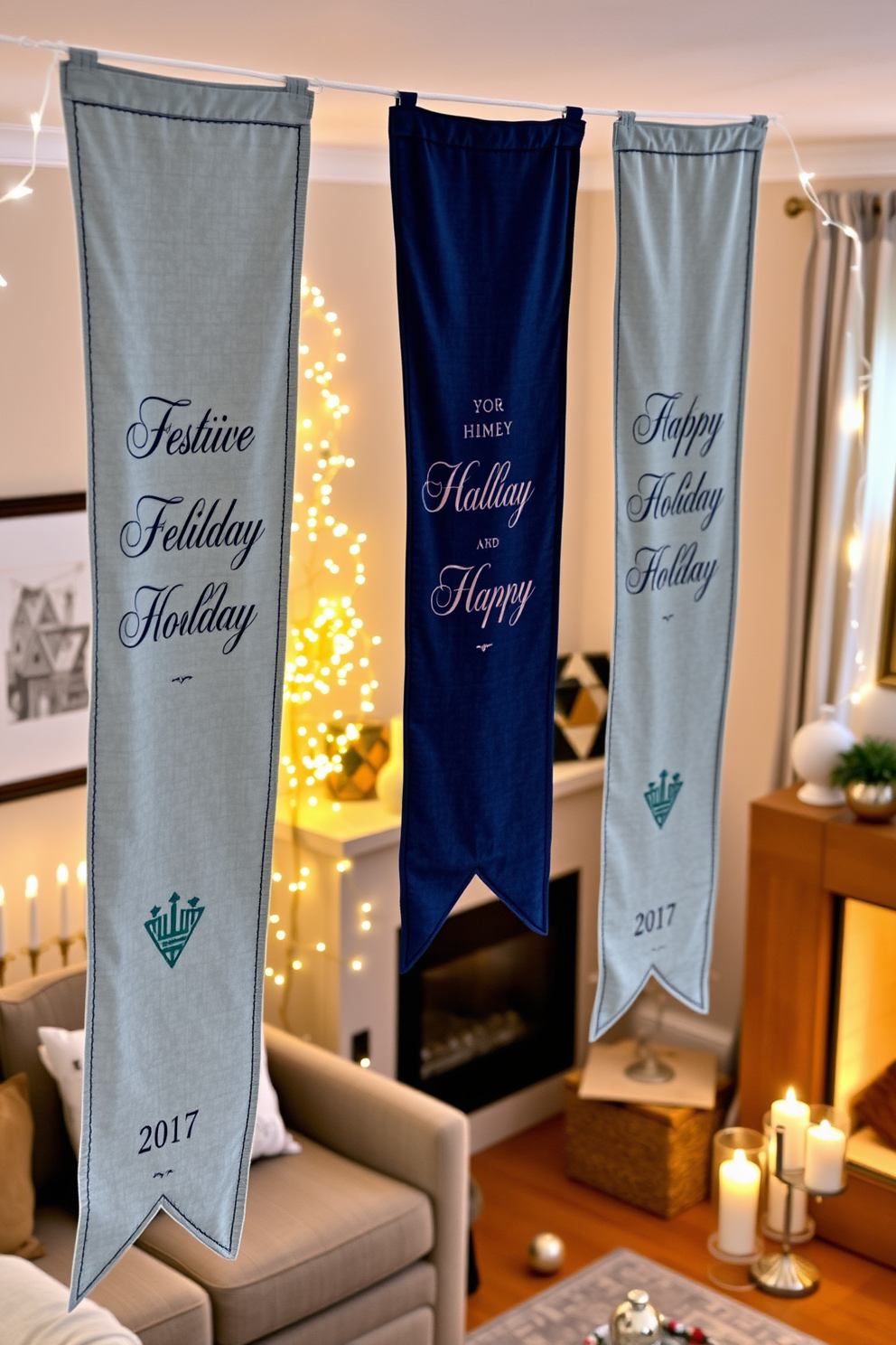 Chic fabric banners hang gracefully across the living room, adorned with festive holiday greetings in elegant typography. The banners are crafted from rich, textured fabrics in shades of blue and silver, complementing the warm ambiance of the space. In the background, twinkling fairy lights illuminate the banners, creating a cozy and inviting atmosphere. The apartment is decorated with subtle Hanukkah motifs, including menorahs and dreidels, enhancing the festive spirit without overwhelming the design.