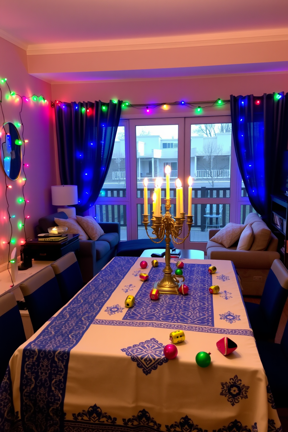 A cozy apartment living room decorated for Hanukkah. Colorful LED lights are strung along the walls and around the windows, creating a festive atmosphere. A beautifully set table features a blue and white tablecloth with menorah centerpiece. Brightly colored ornaments and dreidels are scattered across the table, adding a touch of sparkle.