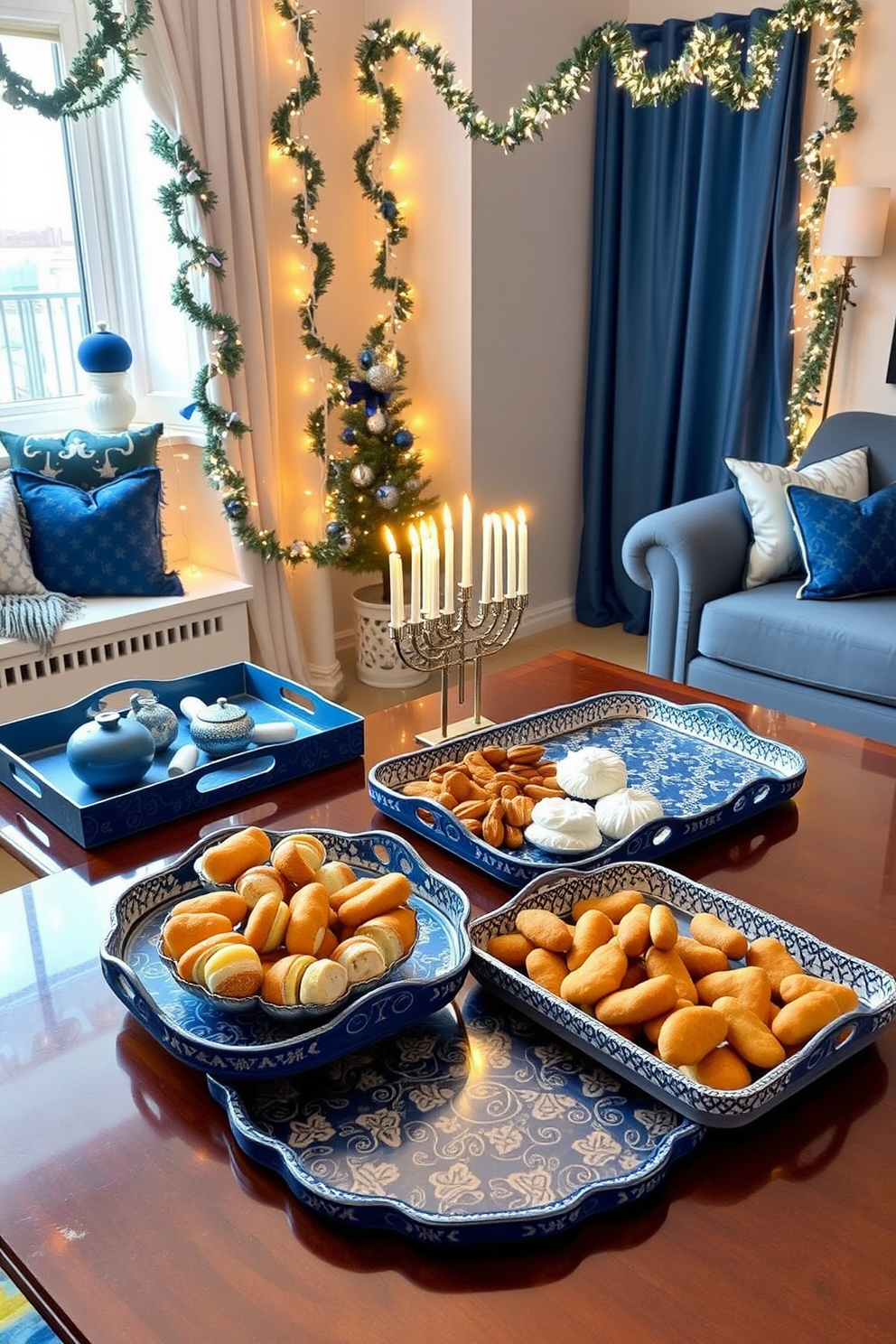 A collection of decorative trays elegantly arranged on a polished wooden table, showcasing an assortment of holiday treats. The trays are adorned with festive colors, featuring traditional motifs and textures that evoke the spirit of Hanukkah. A cozy apartment setting decorated for Hanukkah, with blue and silver accents throughout the space. The living area features a beautifully lit menorah on the window sill, surrounded by shimmering garlands and soft, warm lighting.