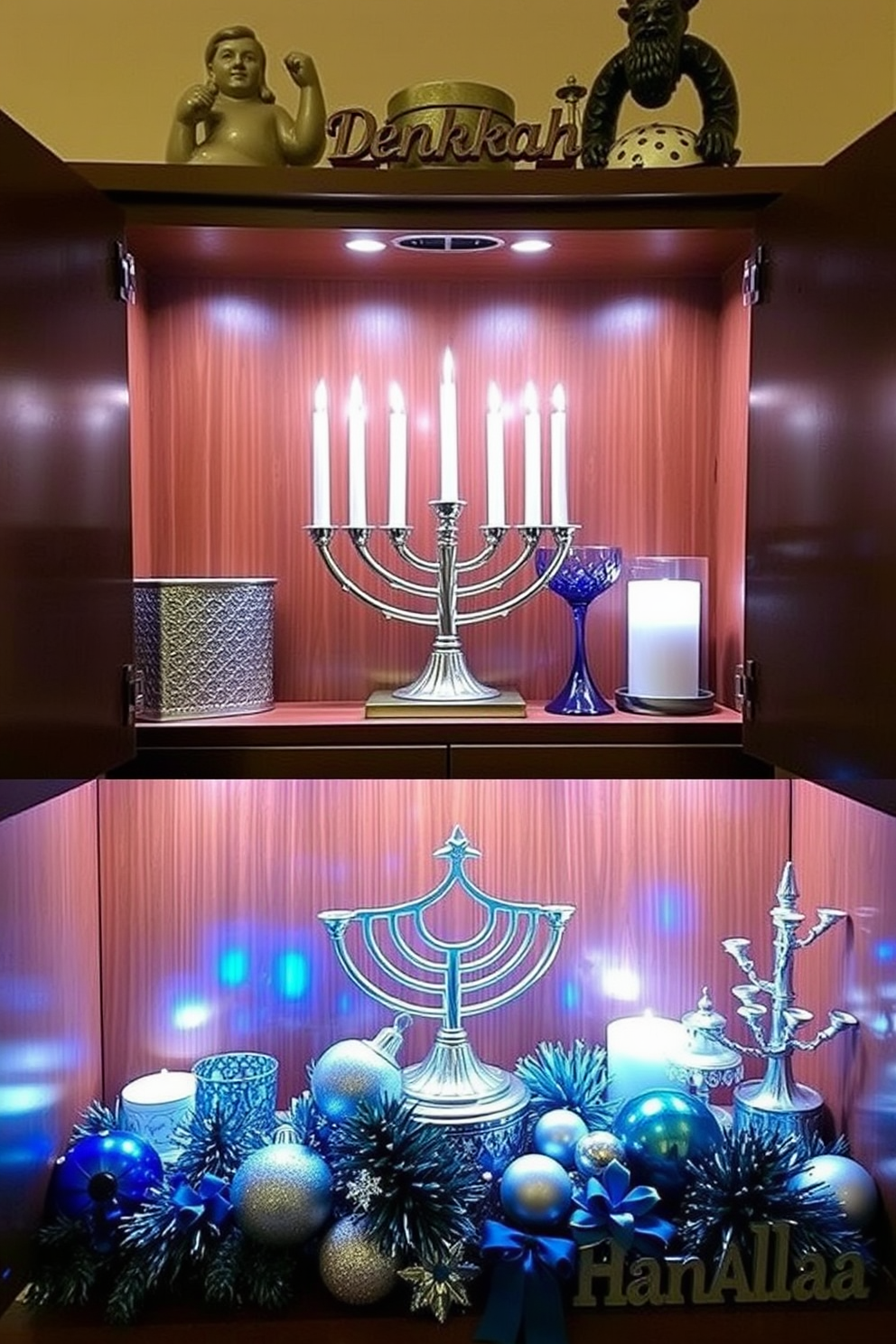 A stylish storage solution for a menorah and candles features a sleek wooden cabinet with a modern design. The cabinet is adorned with decorative elements that reflect the festive spirit of Hanukkah, while keeping the items organized and easily accessible. Incorporate soft lighting to enhance the ambiance, creating a warm and inviting atmosphere. Surround the storage with festive decorations, such as blue and silver accents, to complement the holiday theme.