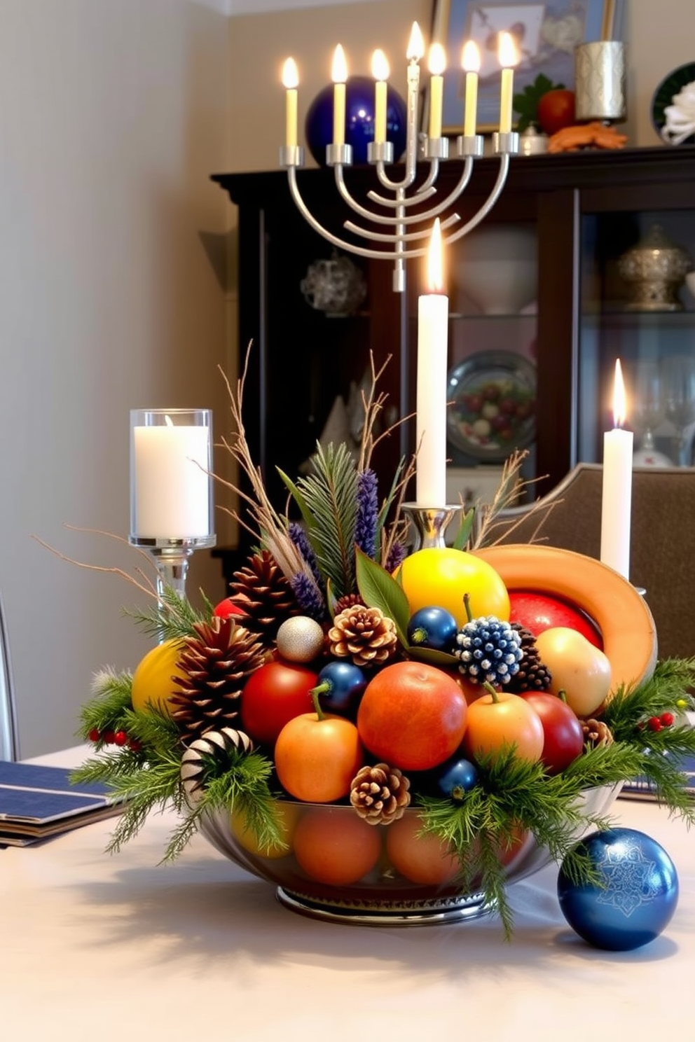 Create a stunning table centerpiece featuring an assortment of seasonal fruits arranged artfully in a decorative bowl. Incorporate elements of winter, such as pinecones and evergreen sprigs, to enhance the festive atmosphere. Design an inviting apartment space for Hanukkah, showcasing a beautifully lit menorah as the focal point. Surround the menorah with elegant blue and silver decorations, creating a warm and welcoming ambiance for gatherings.