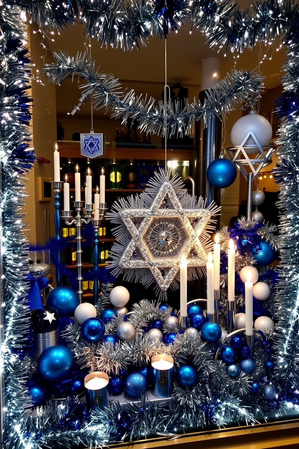 A festive window display showcases a beautiful arrangement of blue and silver decorations that reflect the spirit of Hanukkah. Twinkling fairy lights frame the window, illuminating a collection of menorahs and dreidels alongside shimmering garlands. The display features a large Star of David made from silver tinsel, surrounded by vibrant blue and white ornaments. Cozy candles are strategically placed to create a warm and inviting atmosphere, celebrating the joy of the holiday season.