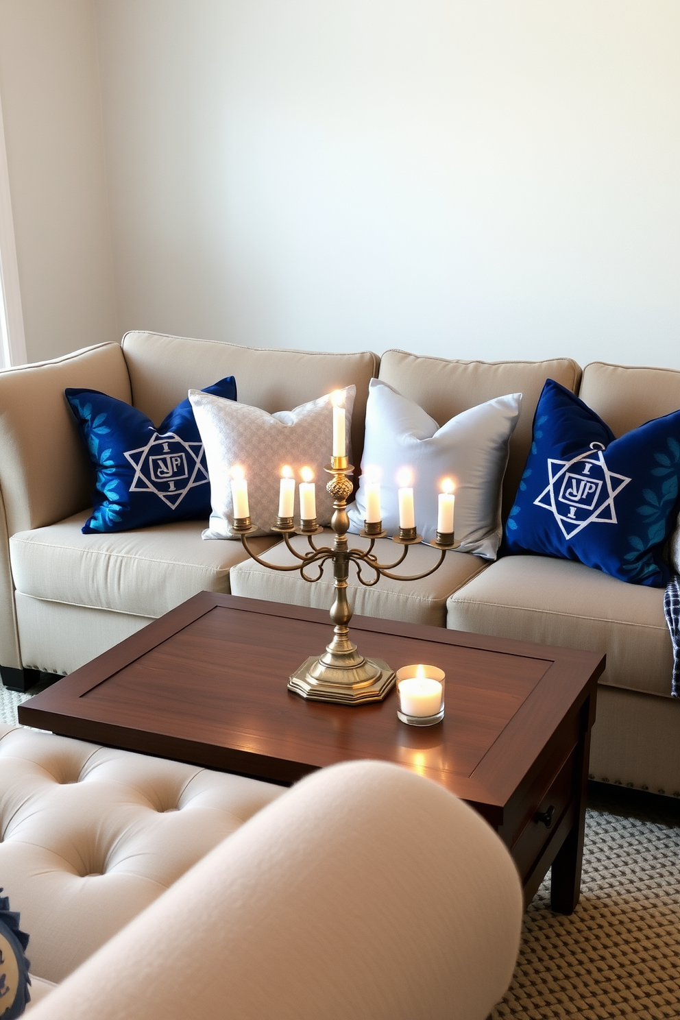 A cozy living room featuring a plush sofa adorned with Hanukkah themed throw pillows in shades of blue and silver. The pillows display traditional symbols such as menorahs and dreidels, adding a festive touch to the space. The walls are decorated with subtle blue and white accents, creating a warm and inviting atmosphere. Soft lighting illuminates the room, highlighting a beautifully arranged menorah on the coffee table, surrounded by decorative candles.