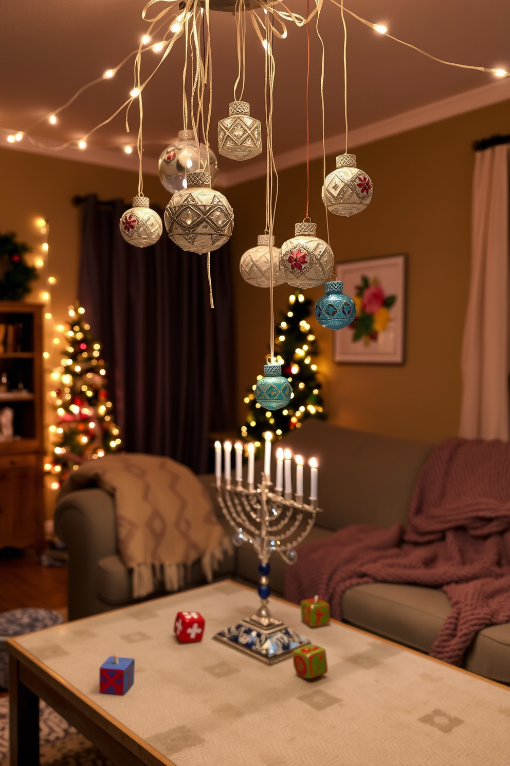 Handmade ornaments hang gracefully from the ceiling, adding a personal touch to the festive atmosphere. The warm glow of string lights complements the rich colors of the decorations, creating a cozy ambiance for the celebration. In the living room, a beautifully decorated menorah sits on the coffee table, surrounded by traditional dreidels. Soft blankets drape over the couch, inviting guests to relax and enjoy the holiday spirit.