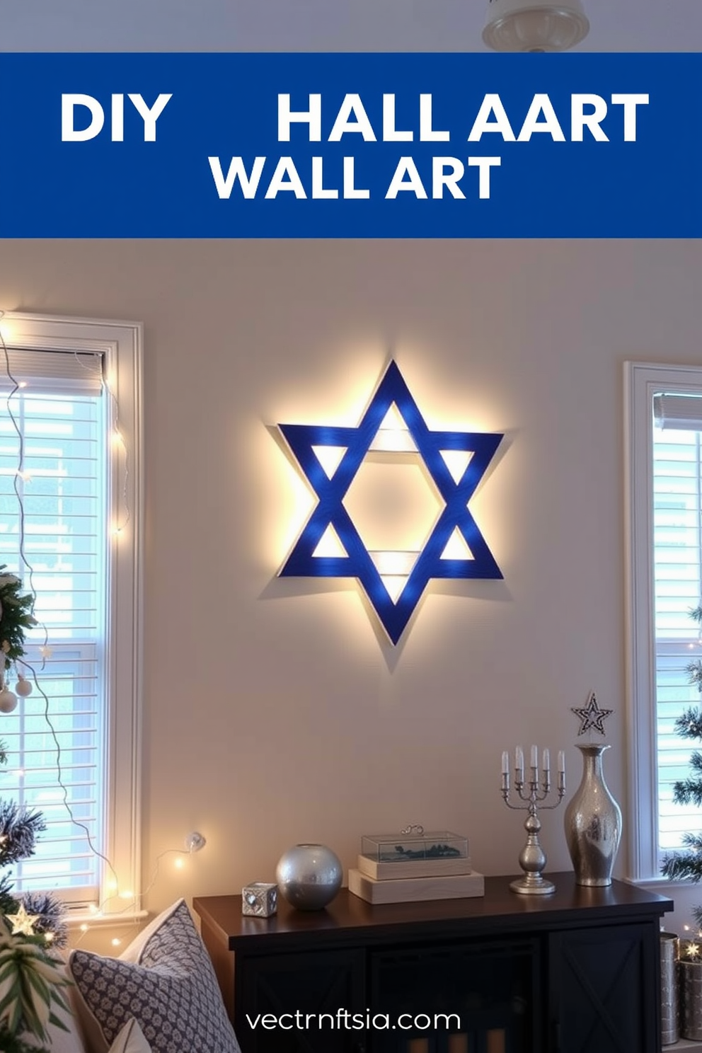 A beautiful DIY star of David wall art piece is crafted from wood and painted in a vibrant blue hue. The art is displayed prominently on a white wall, surrounded by soft, warm lighting that enhances its significance during Hanukkah celebrations. Incorporate festive decorations like string lights and silver accents to create a cozy atmosphere. The space features a mix of traditional and modern elements, making it perfect for celebrating the holiday with family and friends.