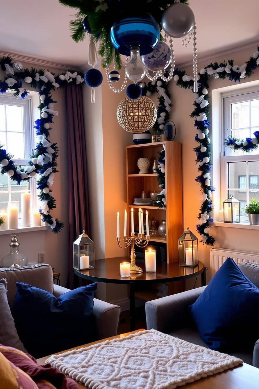 A cozy apartment setting adorned for Hanukkah. Layered lighting creates a warm ambiance with flickering candles and decorative lanterns arranged on tables and windowsills. The walls are draped with blue and white garlands, and a menorah stands proudly on the dining table. Soft textiles in rich colors add comfort, while festive ornaments hang from the ceiling, enhancing the holiday spirit.