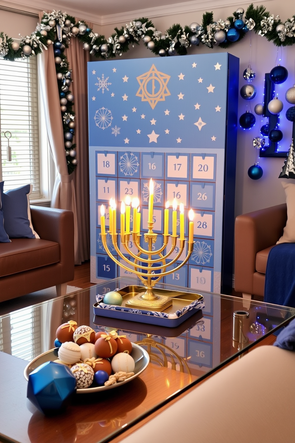 Create a creative advent calendar that features a variety of Hanukkah treats including chocolate gelt, sufganiyot, and dreidels. The calendar should be visually appealing, incorporating traditional blue and white colors with gold accents to enhance the festive spirit. Design an apartment interior with Hanukkah decorating ideas that include a beautifully lit menorah on the coffee table. Incorporate festive garlands and blue and silver ornaments throughout the space to create a warm and inviting atmosphere for the holiday season.