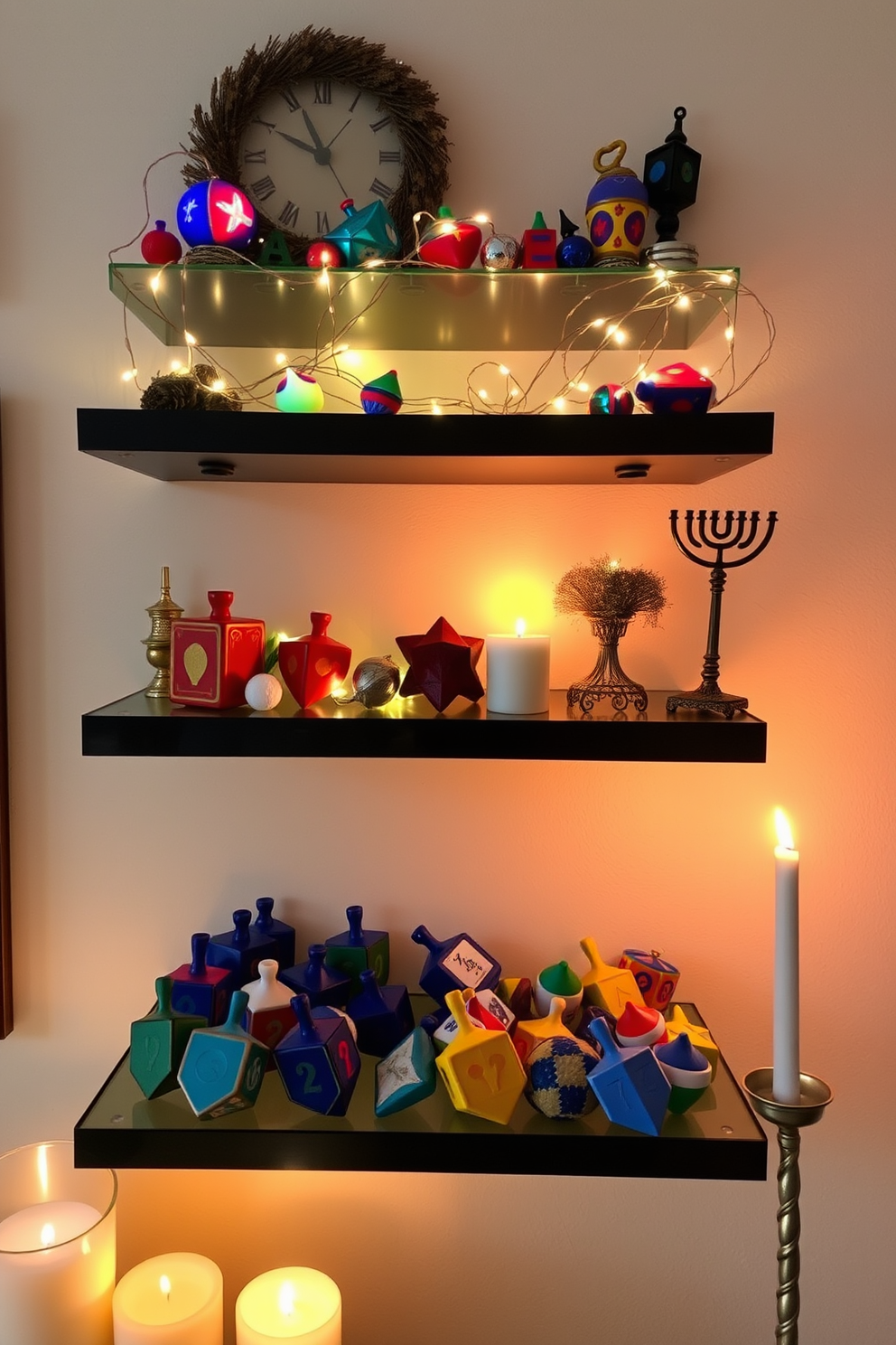 Decorative dreidel arrangements on shelves create a festive atmosphere for Hanukkah celebrations. Each shelf features a unique display of colorful dreidels, interspersed with twinkling string lights and traditional menorah accents. In the apartment, the dreidels are arranged in clusters, showcasing various designs and materials. The warm glow from nearby candles enhances the joyful spirit of the holiday, inviting guests to admire the thoughtful decorations.