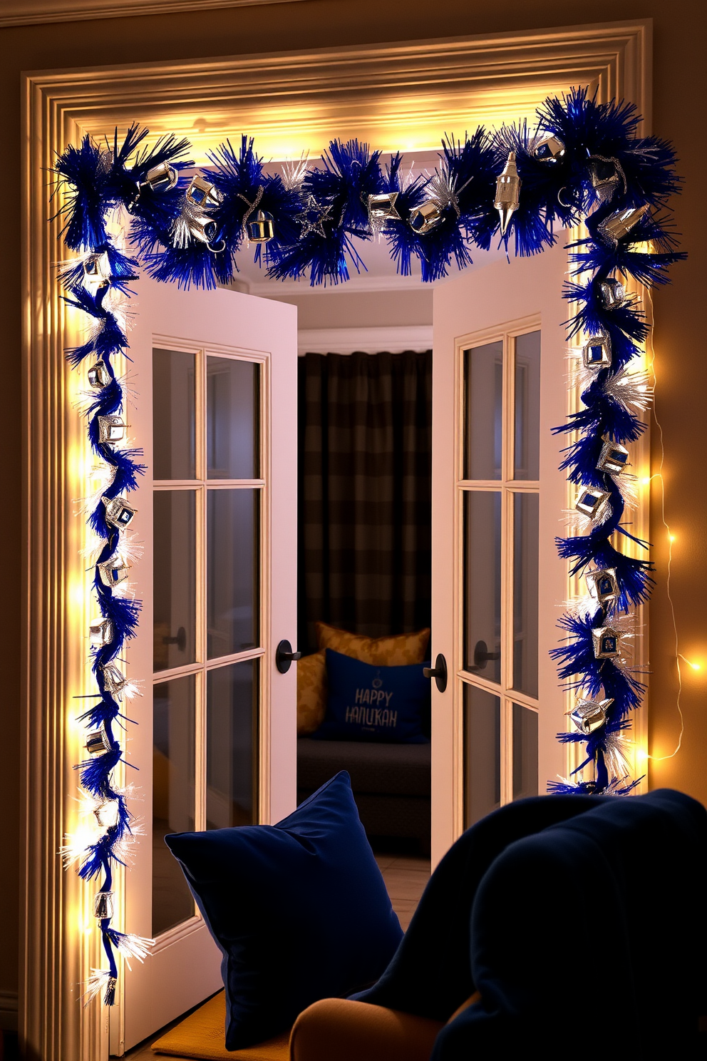 Colorful Hanukkah garlands drape elegantly across the doorways, featuring vibrant blue and silver hues that capture the festive spirit. Each garland is adorned with traditional symbols like dreidels and Stars of David, creating a warm and inviting atmosphere for holiday gatherings. In the apartment, cozy accents complement the Hanukkah decor, with soft cushions and throws in rich shades of gold and deep navy. Twinkling string lights add a magical touch, illuminating the space and enhancing the joyful ambiance of the celebration.