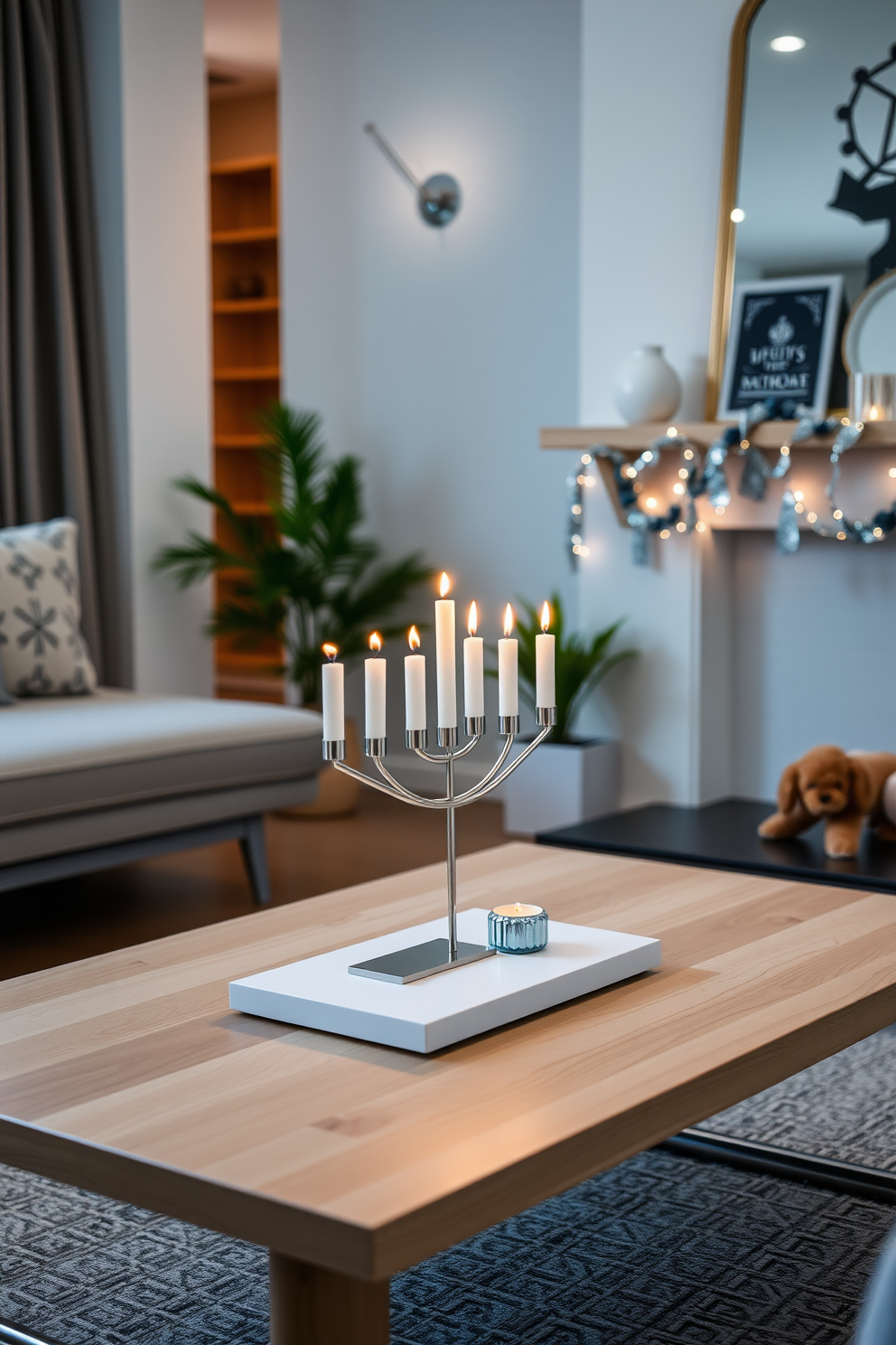 A modern minimalist menorah is elegantly placed on a sleek coffee table, crafted from light wood with clean lines. The menorah features a simple design with polished metal accents, surrounded by a few decorative candles in soft pastel colors. The apartment is adorned with subtle Hanukkah decorations, including a tasteful garland of blue and silver that drapes along the mantel. Soft, ambient lighting creates a warm and inviting atmosphere, perfect for celebrating the festival of lights.