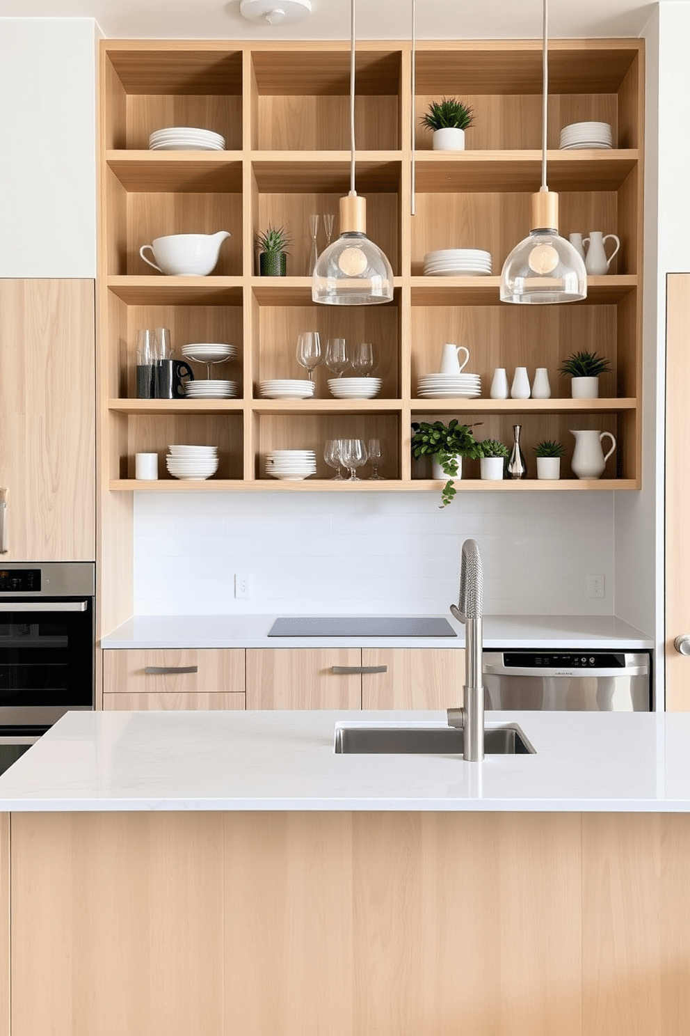 Open shelving creates an airy atmosphere in the apartment kitchen, showcasing beautiful dishware and decorative items. The cabinetry features a sleek design with a mix of wood and white finishes, complemented by a stylish backsplash in soft gray tones.