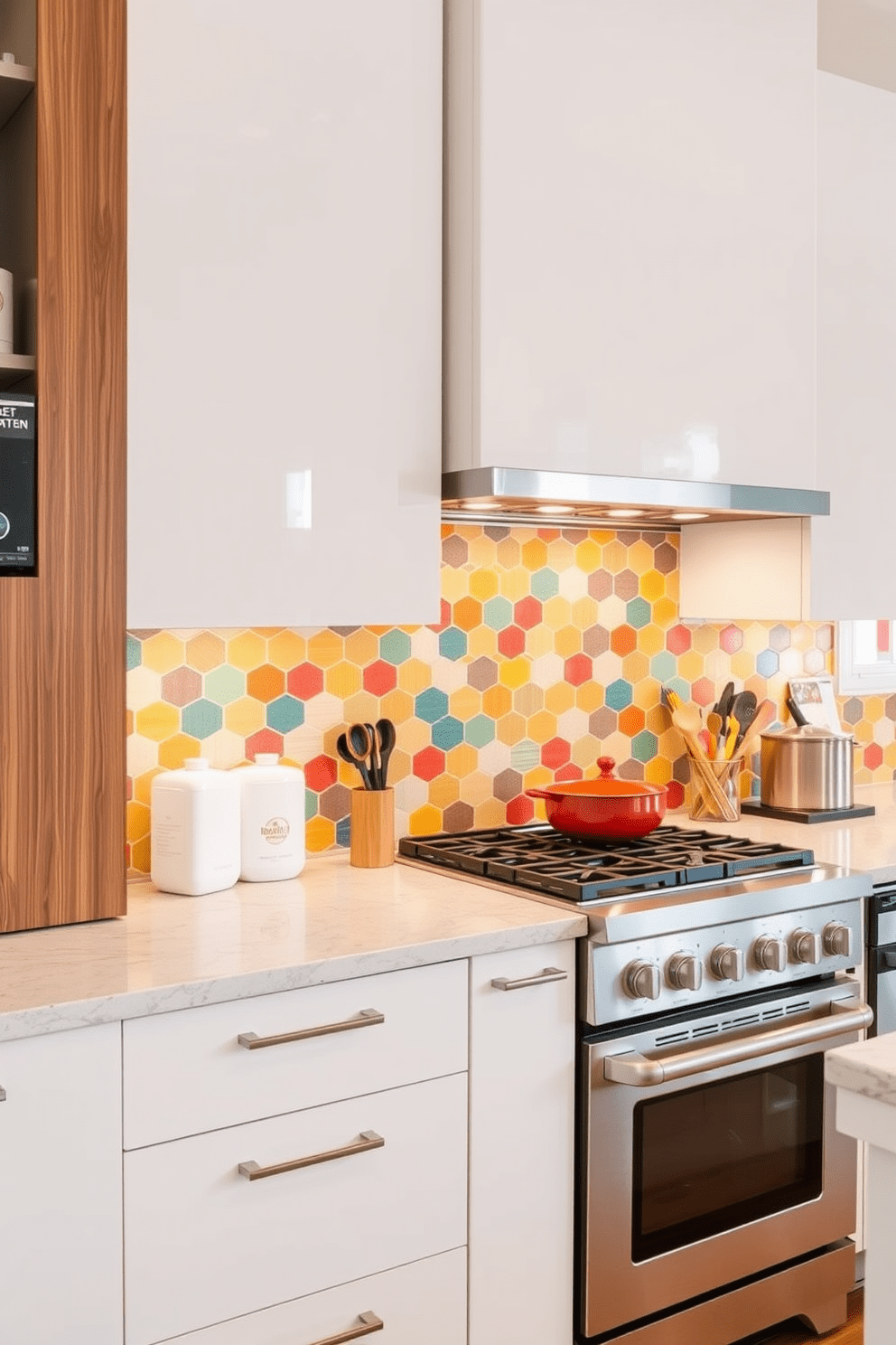 A modern apartment kitchen featuring ladder shelves for vertical storage. The shelves are made of natural wood and are filled with neatly organized cookbooks, potted herbs, and decorative kitchenware. The kitchen has a sleek design with a minimalist aesthetic, showcasing white cabinetry and stainless steel appliances. A cozy breakfast nook with a small table and two chairs is positioned near the window, enhancing the inviting atmosphere.