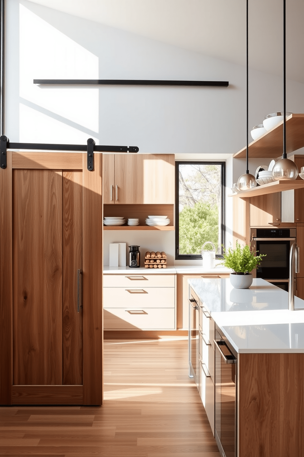 A modern apartment kitchen featuring a foldable table that seamlessly integrates into the design. The table is positioned against a wall and can be extended when needed, surrounded by sleek chairs that complement the minimalist aesthetic. The cabinetry is in a light wood finish, providing warmth to the space, while the countertops are a crisp white for contrast. A stylish backsplash in a geometric pattern adds visual interest, and plants on the windowsill bring a touch of greenery.