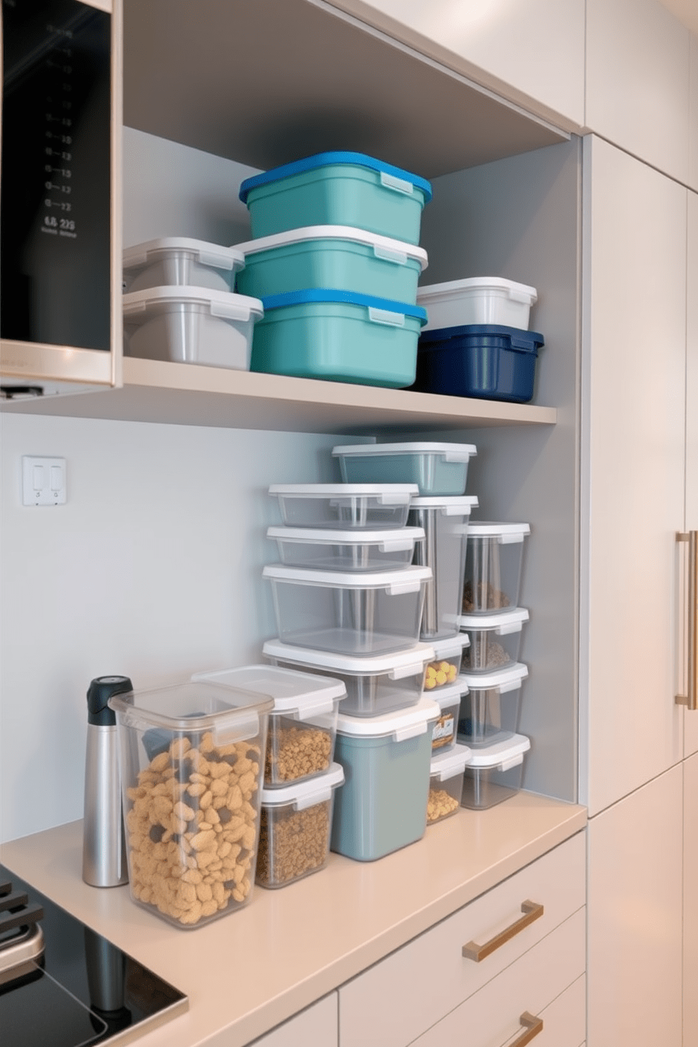 A modern apartment kitchen featuring decorative baskets for stylish storage. The baskets are woven in natural fibers and placed on open shelving, adding texture and warmth to the space. The cabinetry is sleek and minimalistic, painted in a soft white finish. A large island with a polished quartz countertop serves as both a workspace and a casual dining area.