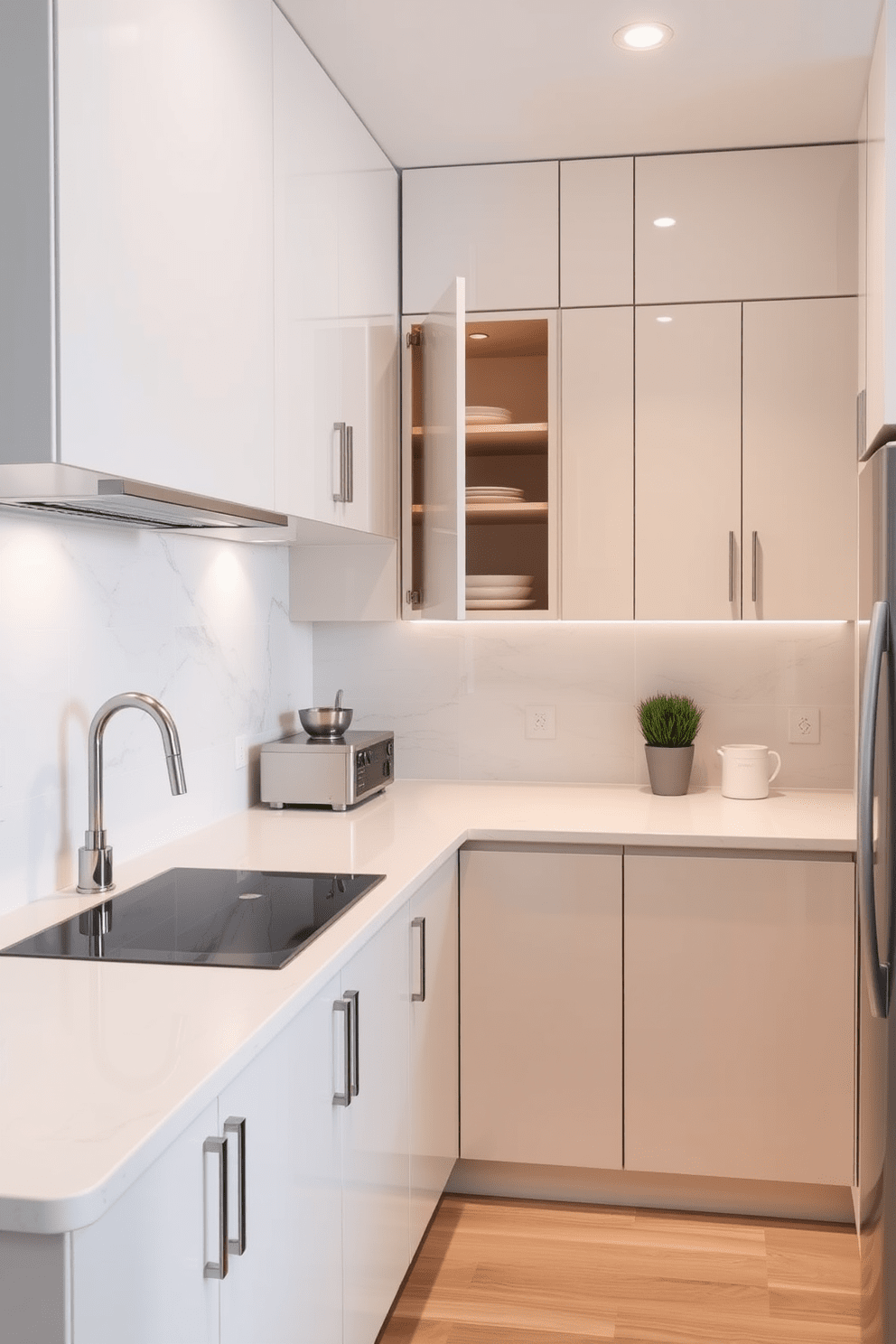 A modern apartment kitchen features a chalkboard wall ideal for jotting down notes and recipes. The kitchen includes sleek cabinetry in a warm wood finish, complemented by stainless steel appliances and a spacious island for meal prep.