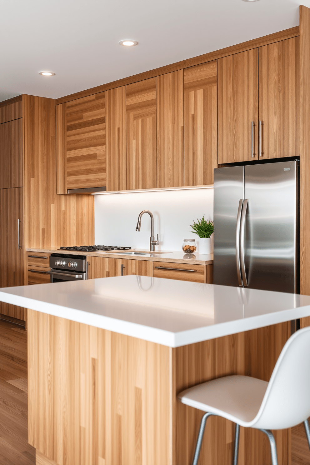 A modern apartment kitchen featuring integrated appliances for a sleek and seamless look. The cabinetry is finished in a high-gloss white, with a large island in the center that includes a built-in cooktop and bar seating. Stainless steel appliances blend into the cabinetry, creating a streamlined appearance. Pendant lights hang over the island, providing warm illumination against the backdrop of a stylish subway tile backsplash.