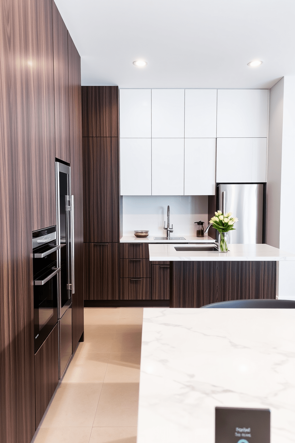 A serene apartment kitchen featuring neutral tones to create a calming atmosphere. The cabinetry is a soft taupe with brushed nickel handles, complemented by a white quartz countertop and a subtle backsplash with light gray tiles. The kitchen island is adorned with a pair of minimalist pendant lights hanging above. A cozy breakfast nook with a round wooden table and upholstered chairs sits by a window, allowing natural light to fill the space.