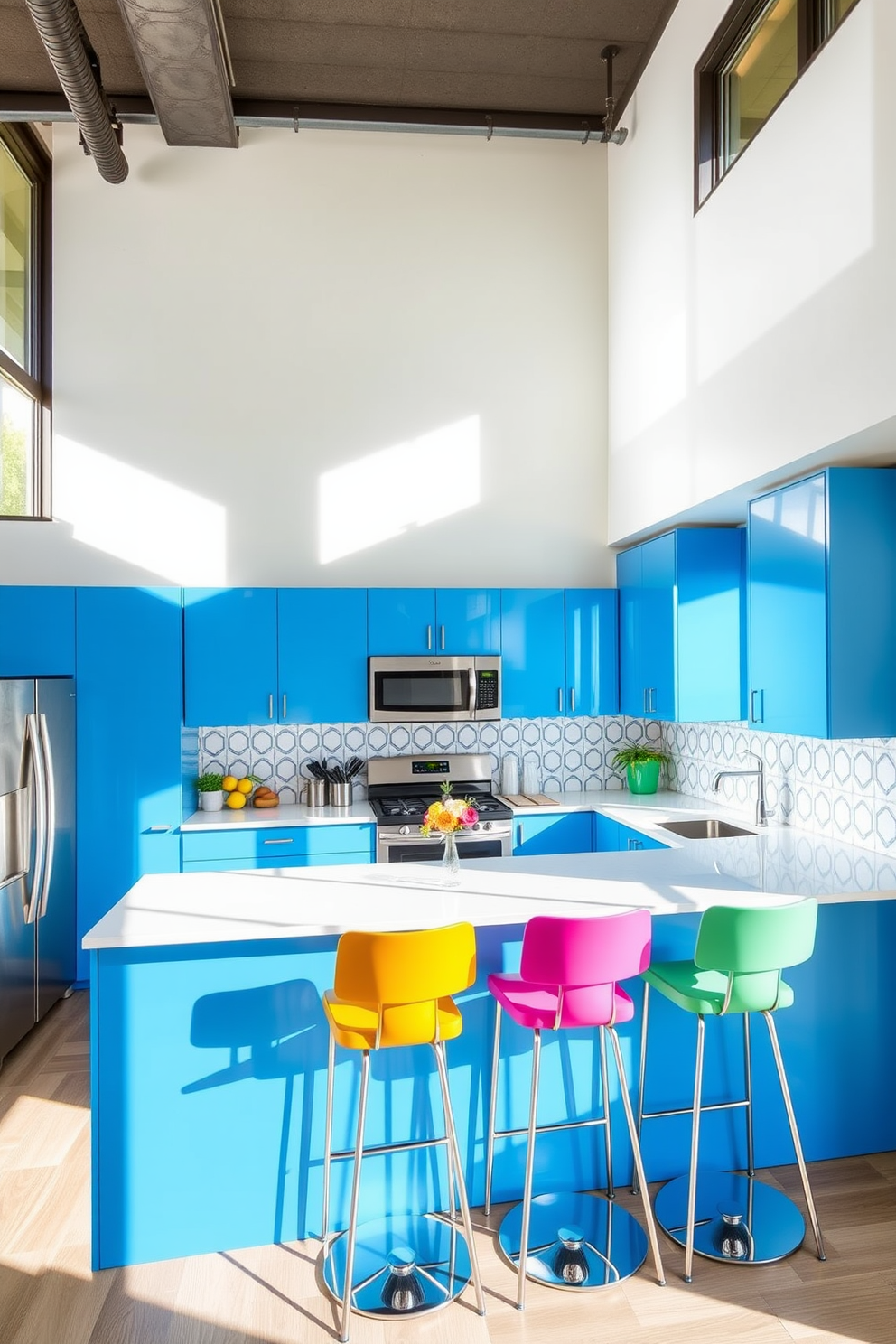 A vibrant and energizing apartment kitchen with bright yellow cabinets and a glossy white countertop. The backsplash features colorful geometric tiles that add a playful touch, while natural light floods the space through large windows. A sleek kitchen island in a contrasting turquoise color provides additional workspace and seating. Stylish bar stools in bold red complete the look, creating a lively atmosphere perfect for cooking and entertaining.