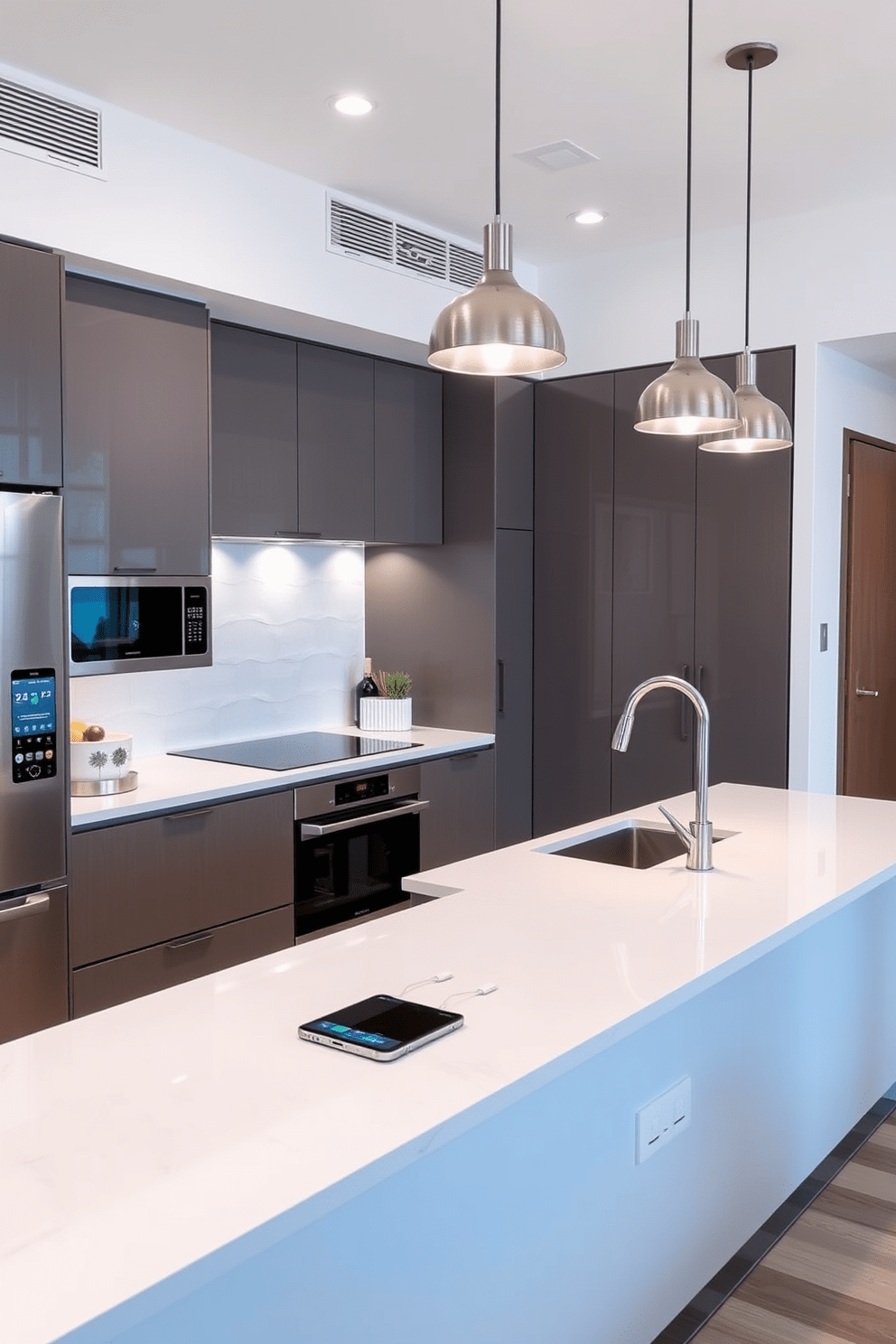 A cozy apartment kitchen featuring a herb garden on the windowsill adds a touch of freshness. The cabinetry is a soft white with brushed gold hardware, complemented by a light gray backsplash and a wooden countertop.