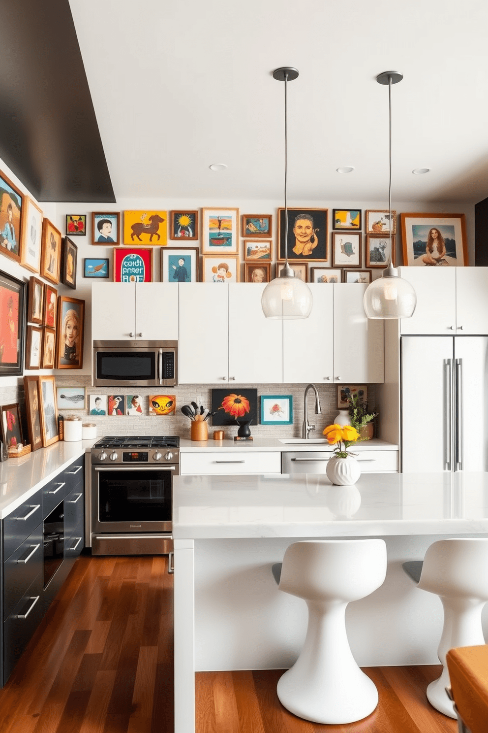 A sleek and contemporary apartment kitchen features smart technology seamlessly integrated into the design. The cabinetry is minimalist with a high-gloss finish, and the countertop is a durable quartz that includes built-in wireless charging stations. State-of-the-art appliances are equipped with smart features, allowing for remote control and energy monitoring. The lighting is adjustable and can be controlled via a smartphone app, creating the perfect ambiance for cooking or entertaining.