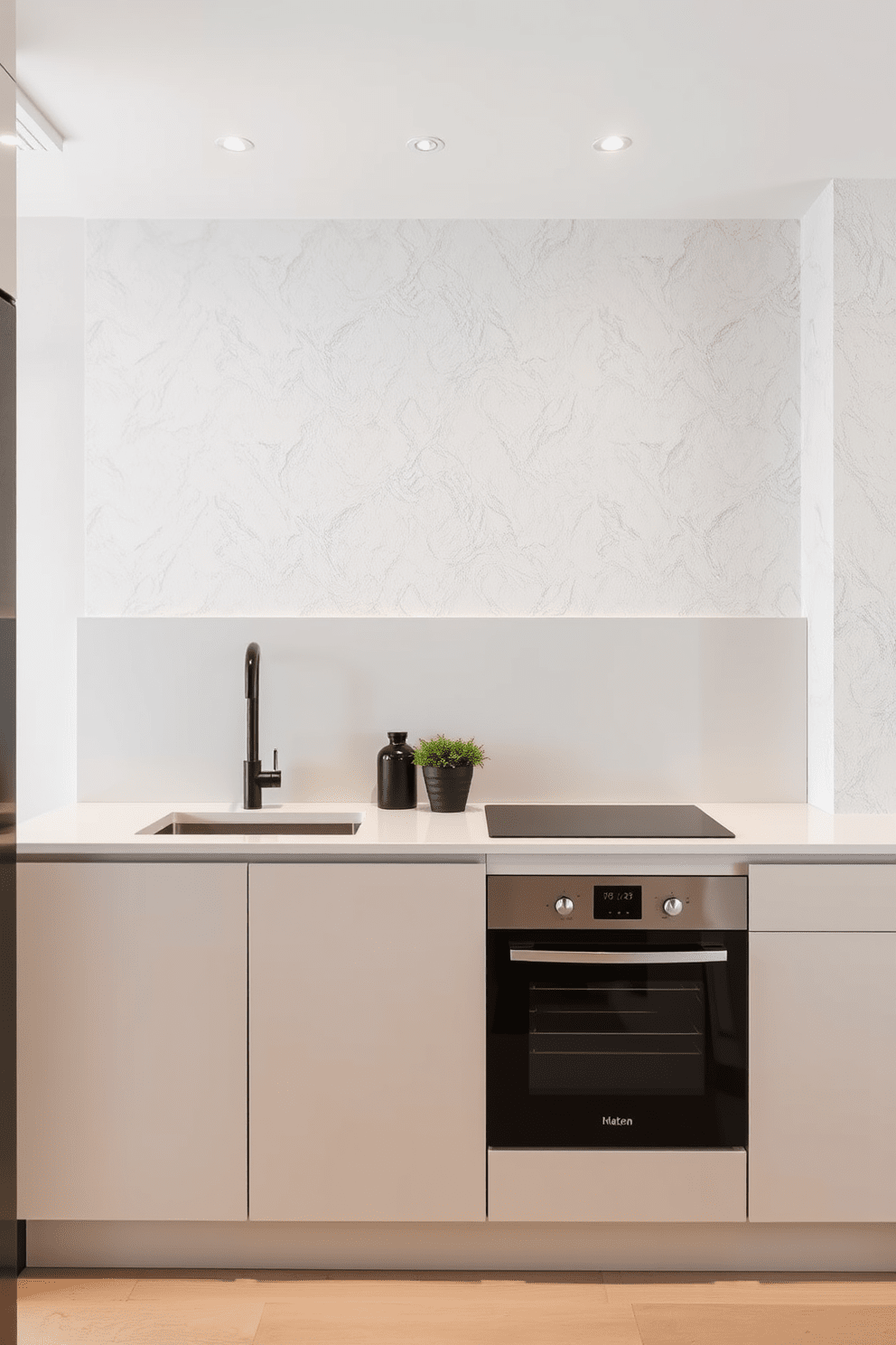 A modern apartment kitchen featuring textured wall finishes that add visual interest. The walls are adorned with a combination of reclaimed wood panels and sleek ceramic tiles, creating a warm yet contemporary atmosphere.