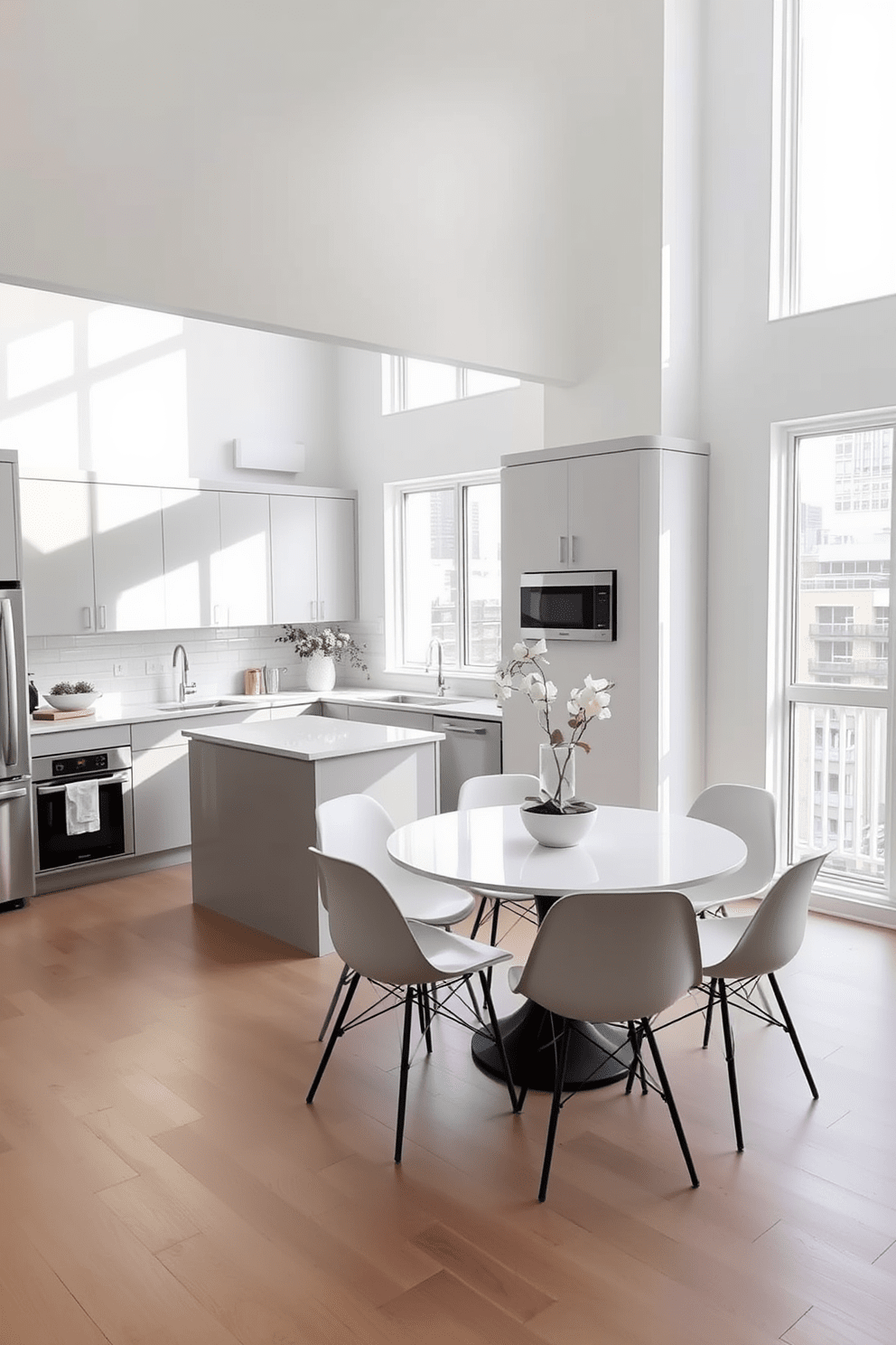 Artistic light fixtures hang elegantly from the ceiling, casting a warm glow over the space. The kitchen features sleek cabinetry with a blend of natural wood and glossy finishes, complemented by a spacious island that invites gatherings. The countertops are made of polished stone, providing a luxurious surface for meal preparation. A stylish backsplash with geometric patterns adds visual interest, while the overall color palette combines soft neutrals with bold accents.