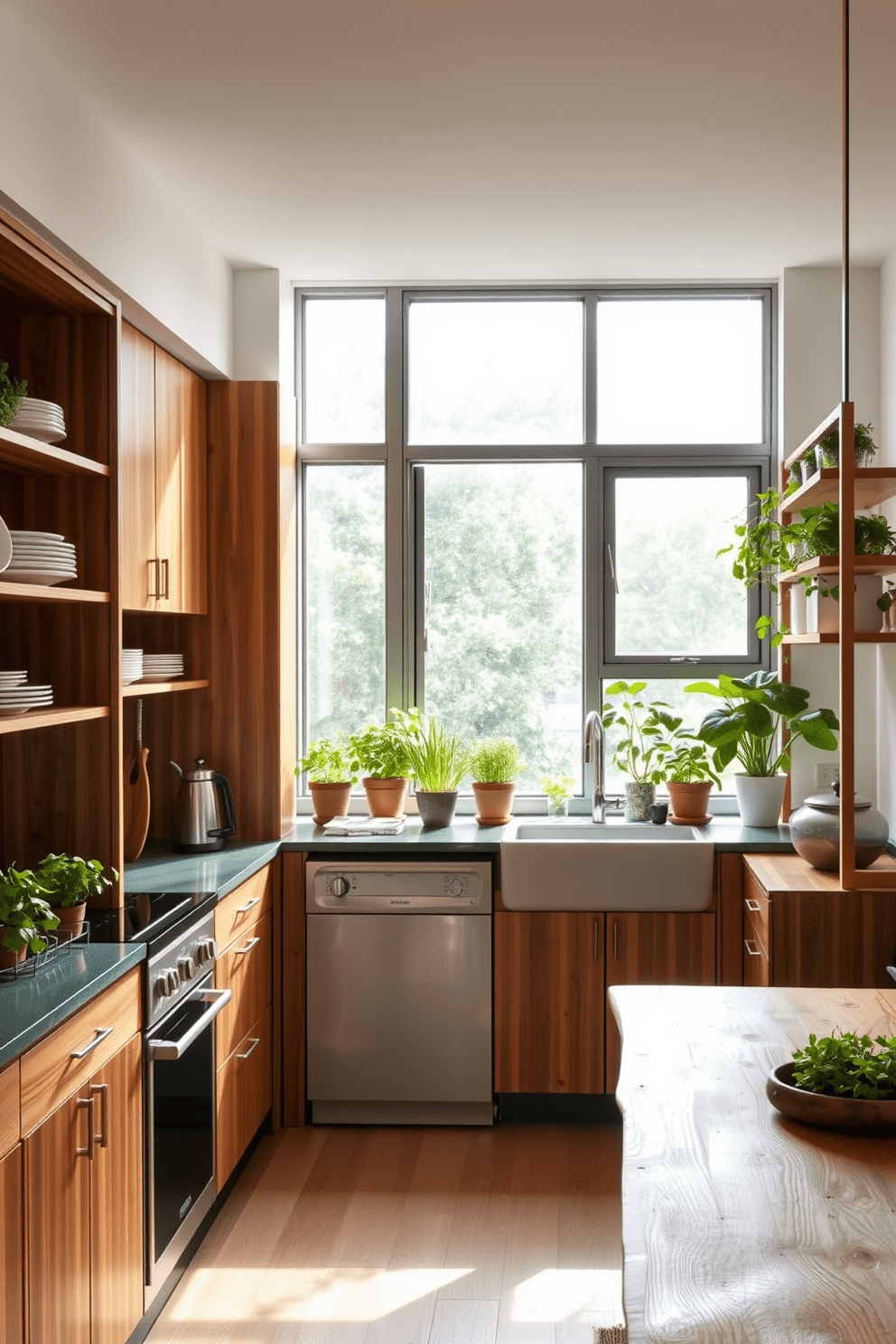 A stylish apartment kitchen featuring statement wallpaper that adds a unique touch to the space. The cabinetry is sleek and modern with a mix of open shelving and closed storage, complemented by a large island with bar seating.