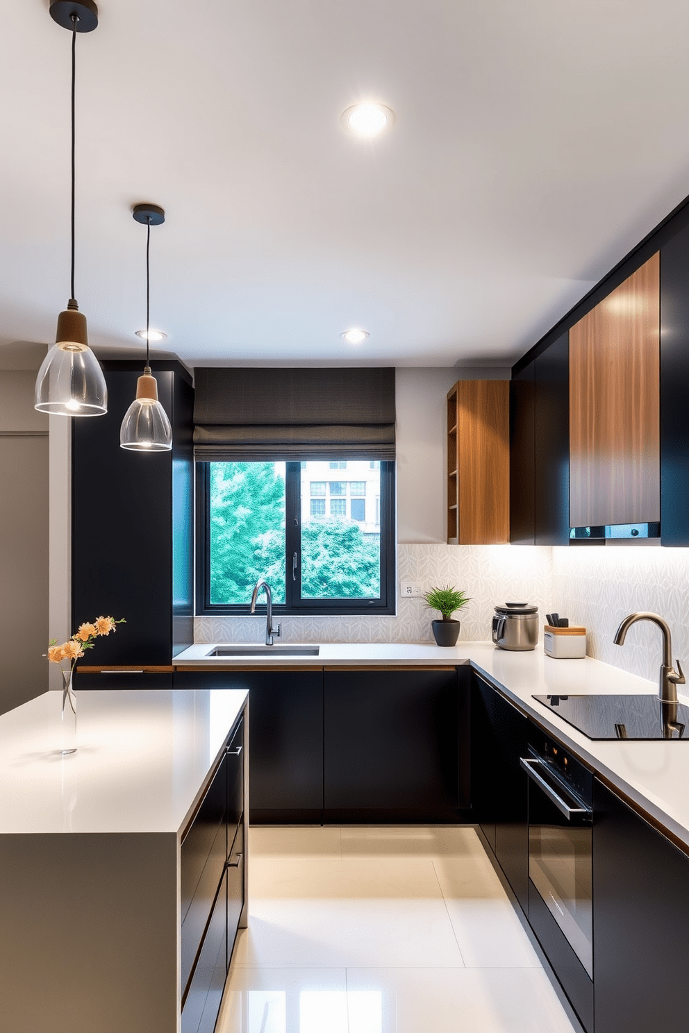 A vibrant apartment kitchen featuring a mix-and-match dining area with eclectic style. The dining table is surrounded by an assortment of colorful chairs, each with a unique design, creating a lively and inviting atmosphere. The kitchen showcases sleek cabinetry in a soft white finish, complemented by a bold backsplash with geometric patterns. Natural light floods the space through large windows, highlighting the warm wood accents and modern appliances.