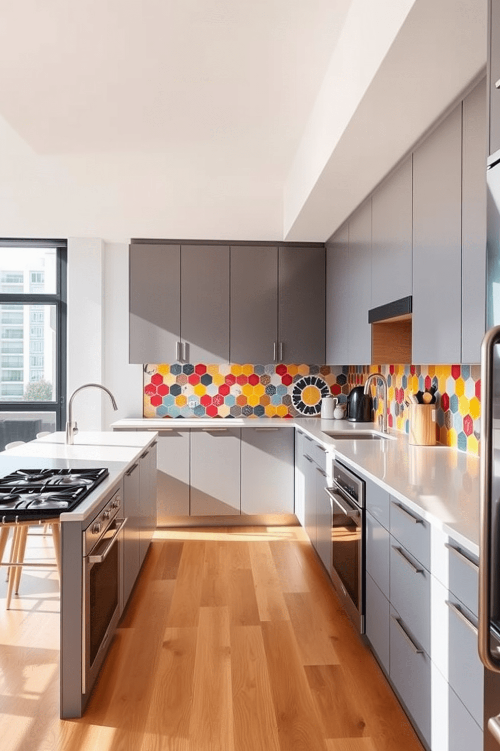 A contemporary apartment kitchen featuring sustainable materials that promote eco-friendly living. The cabinetry is made from reclaimed wood with a natural finish, and the countertops are crafted from recycled glass, providing a unique and stylish look. The backsplash consists of handmade ceramic tiles in earthy tones, complementing the overall aesthetic. Energy-efficient appliances are seamlessly integrated, and a small herb garden sits on the windowsill, adding a touch of greenery to the space.