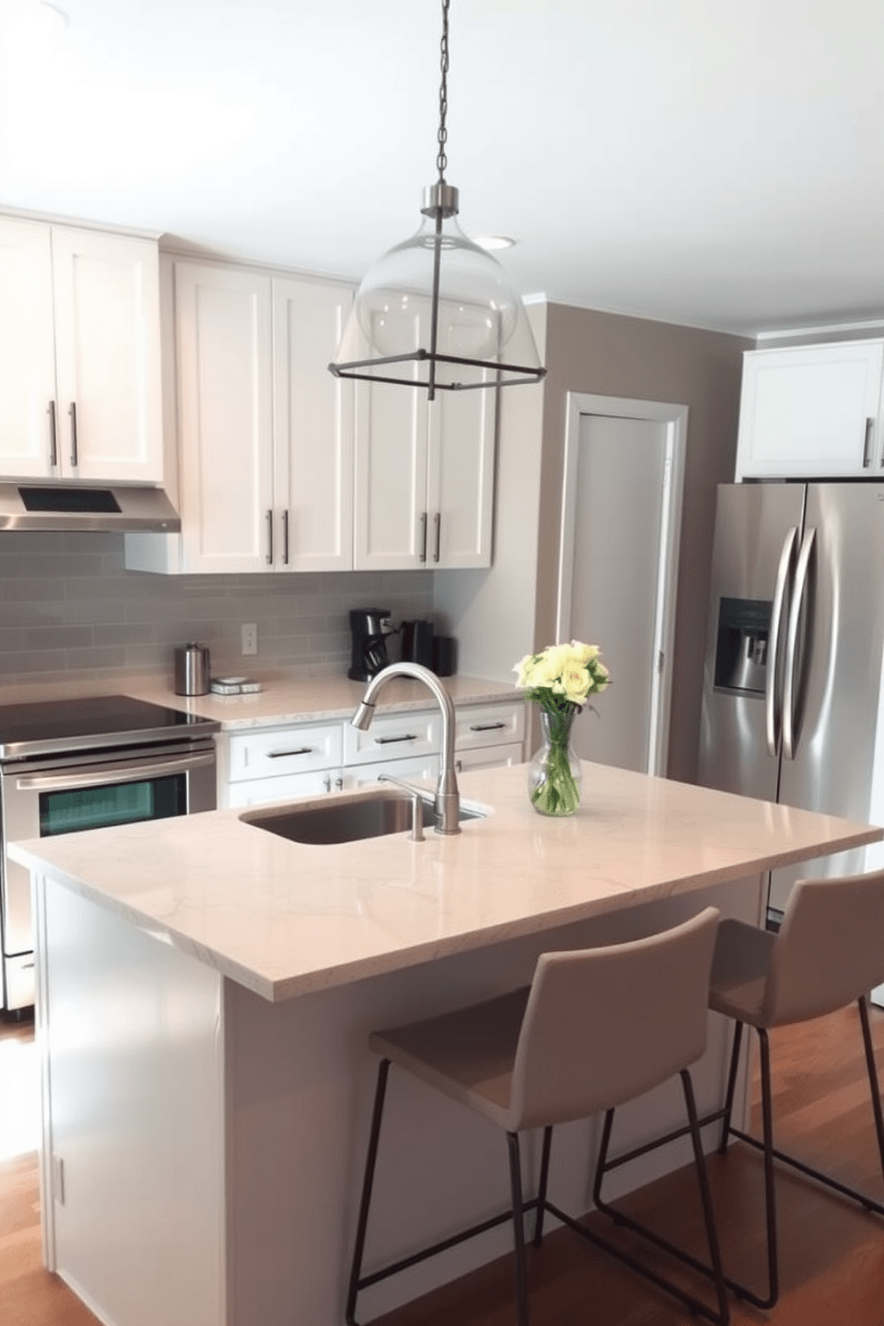 A compact dining table is positioned against the wall in a small kitchen. The table features a light wood finish with sleek, modern chairs that complement the minimalist aesthetic. Above the table, a pendant light casts a warm glow, enhancing the inviting atmosphere. The kitchen cabinets are painted in a soft white, while a colorful backsplash adds a pop of personality to the space.