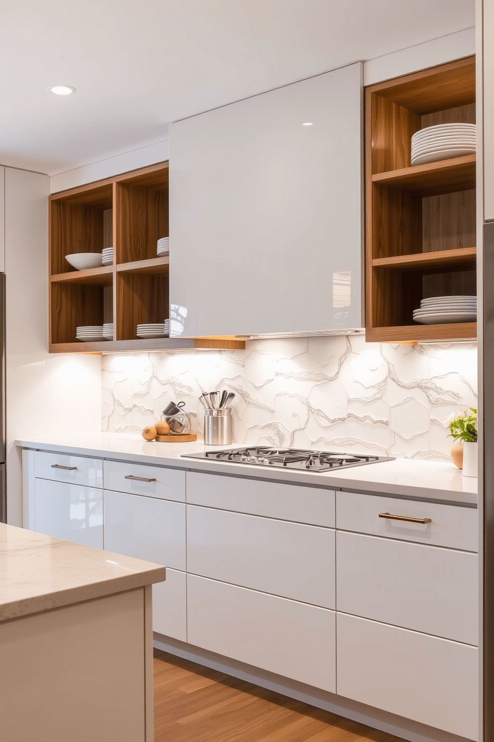 A modern apartment kitchen featuring compact appliances designed for efficient use. The layout includes a sleek refrigerator, a space-saving stove, and a built-in microwave, all seamlessly integrated into cabinetry. The countertops are made of durable quartz with a minimalist design, providing ample workspace. Above, open shelving displays stylish dishware, while under-cabinet lighting enhances the overall ambiance.