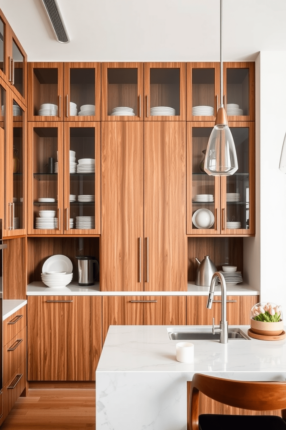 A multi-functional kitchen island with ample storage space is the centerpiece of the room. It features a combination of open shelves and closed cabinetry, designed in a sleek modern style with a natural wood finish. The island is equipped with a breakfast bar on one side, allowing for casual dining. Surrounding the island, the kitchen boasts elegant cabinetry with a glossy finish and high-end appliances seamlessly integrated into the design.