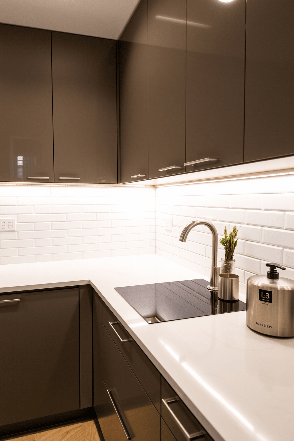 A modern apartment kitchen featuring sleek cabinetry with under-cabinet lighting that creates a warm ambiance. The space includes a central island with bar stools, a stainless steel refrigerator, and a stylish backsplash that complements the lighting.