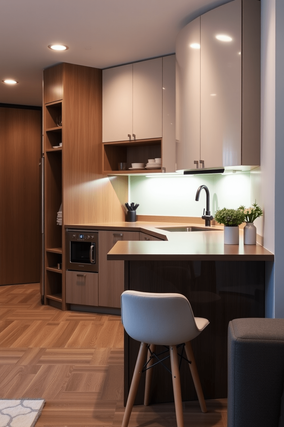 A modern apartment kitchen featuring a magnetic knife strip mounted on the wall for easy access to kitchen tools. The cabinetry is sleek and minimalistic, with a clean white finish and a contrasting dark countertop that adds depth to the space.