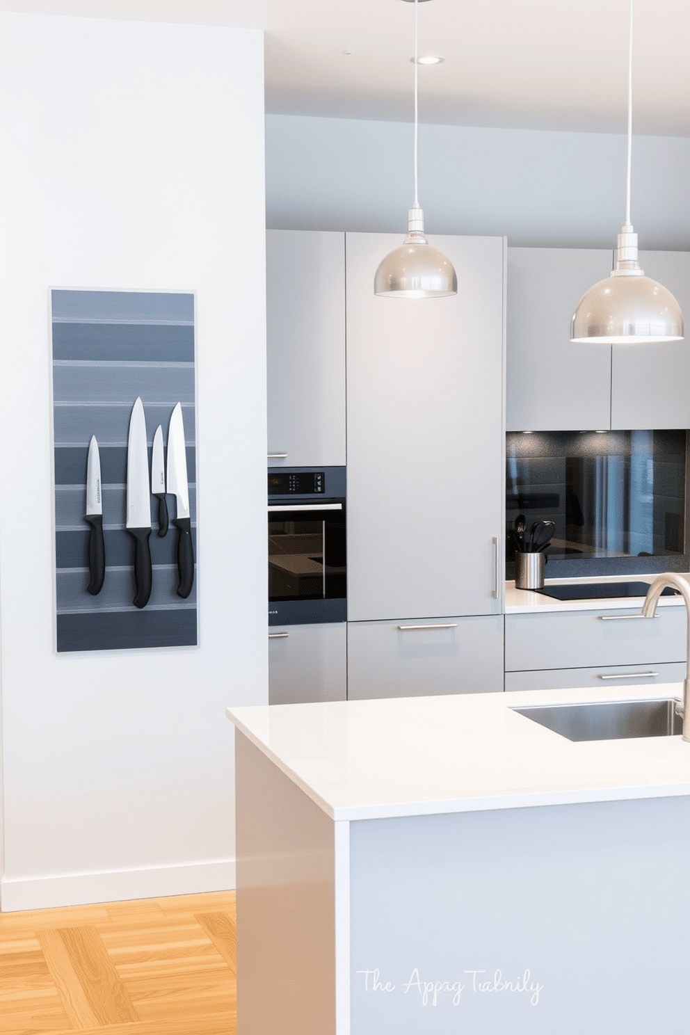 A modern apartment kitchen featuring glass-front cabinets that elegantly display an array of colorful dishes. The cabinetry is complemented by sleek stainless steel appliances and a spacious island with bar seating.