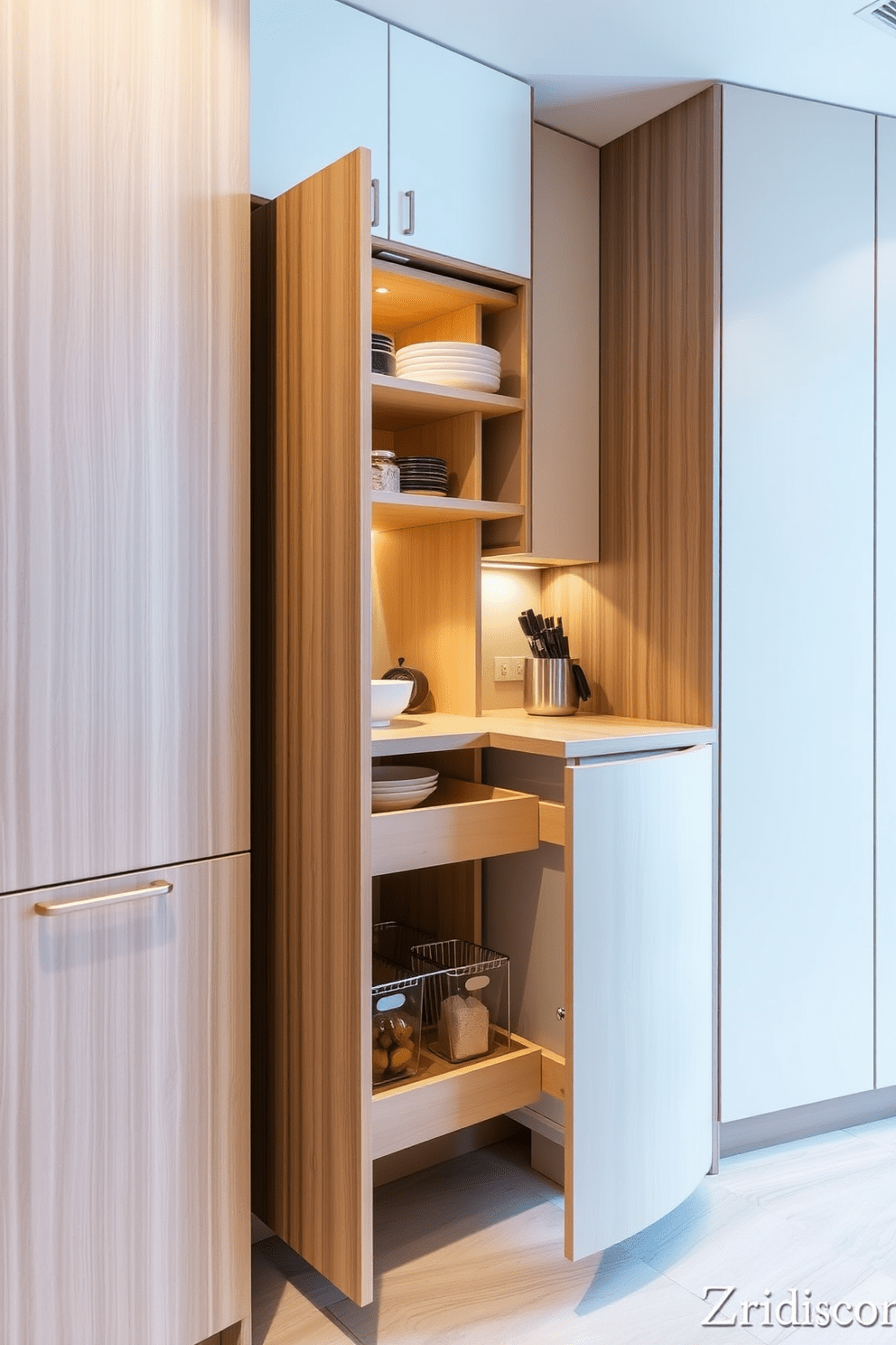 A pull-out pantry designed for efficient storage features sleek cabinetry with a modern finish. The pantry is organized with adjustable shelves and labeled containers for easy access to all kitchen essentials. The kitchen layout is open and airy, with a spacious island that provides additional counter space. Bright pendant lights hang above the island, illuminating the warm wood tones and contemporary appliances throughout the kitchen.