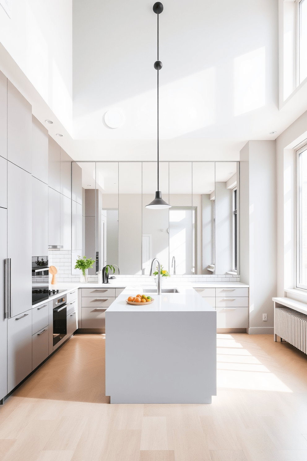 A contemporary apartment kitchen featuring wall-mounted pot racks for efficient organization. The sleek design includes stainless steel appliances and a spacious island with bar seating.