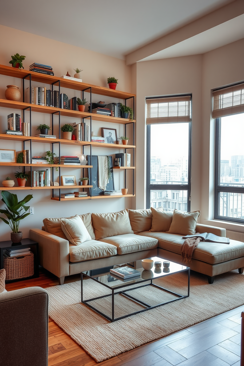 Maximize vertical space with shelves in a cozy apartment living room. The walls are adorned with floating wooden shelves that display books, plants, and decorative items, creating a stylish and functional atmosphere. In the center, a plush sectional sofa invites relaxation, complemented by a sleek coffee table made of glass and metal. Large windows allow natural light to flood the room, enhancing the warm color palette of soft beige and earthy tones.