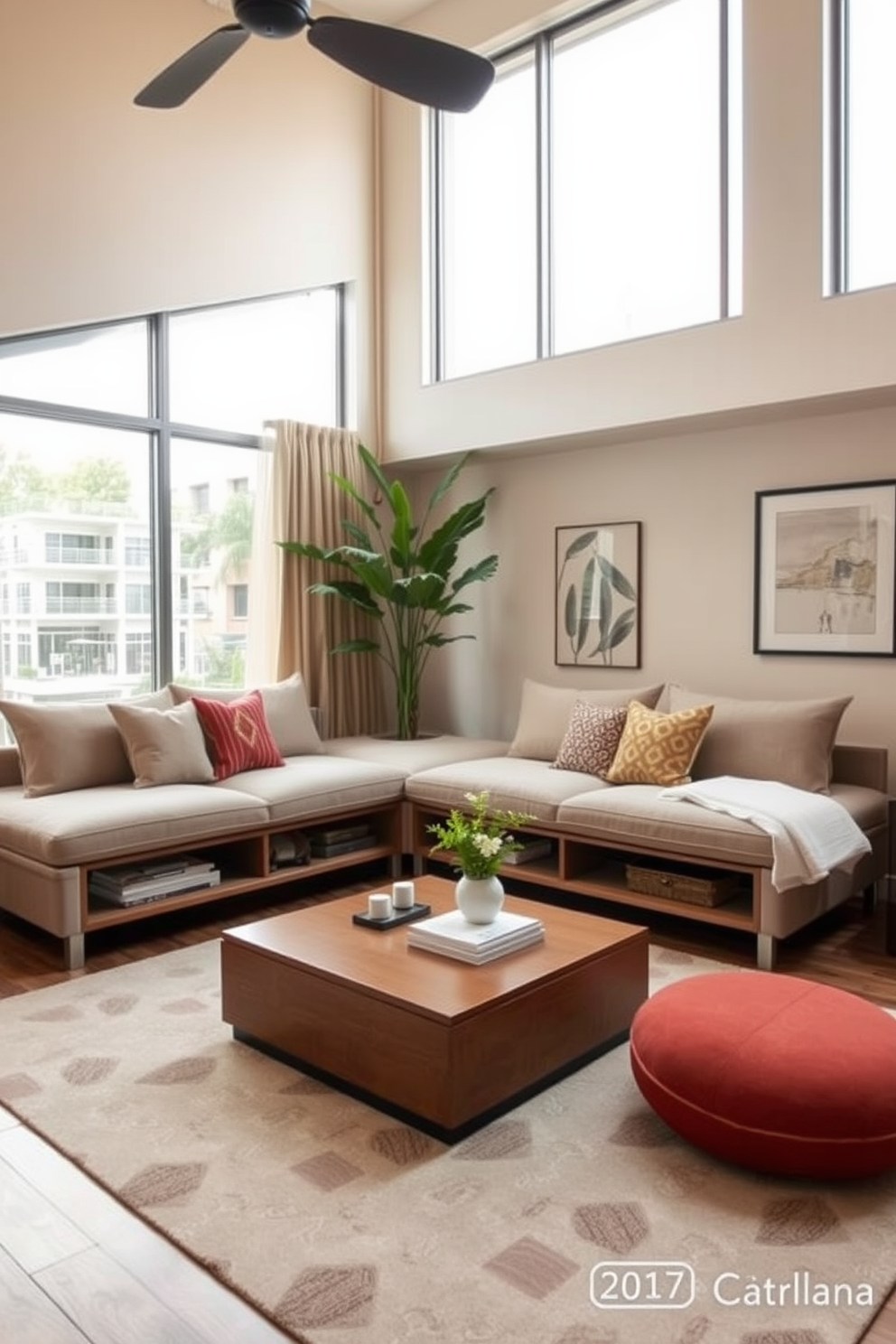 A cozy apartment living room features a stylish sofa with under-sofa storage solutions that blend seamlessly with the decor. The space is enhanced by a warm color palette, complemented by decorative cushions and a soft area rug that adds texture and comfort. A sleek coffee table sits in front of the sofa, providing a functional surface while offering additional storage options. Large windows allow natural light to flood the room, highlighting the carefully chosen artwork and plants that bring life to the space.