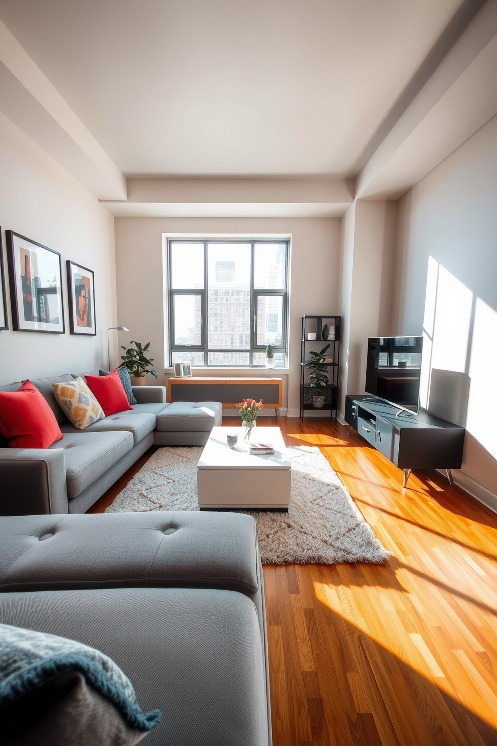 A stylish apartment living room featuring a comfortable sofa in a soft gray fabric, paired with colorful accent pillows. In the center, a modern coffee table with built-in storage sits atop a plush area rug, providing both functionality and aesthetic appeal. The walls are adorned with framed artwork that adds a personal touch, while a sleek entertainment unit houses a flat-screen TV. Natural light floods the space through large windows, highlighting the warm wooden flooring and creating an inviting atmosphere.