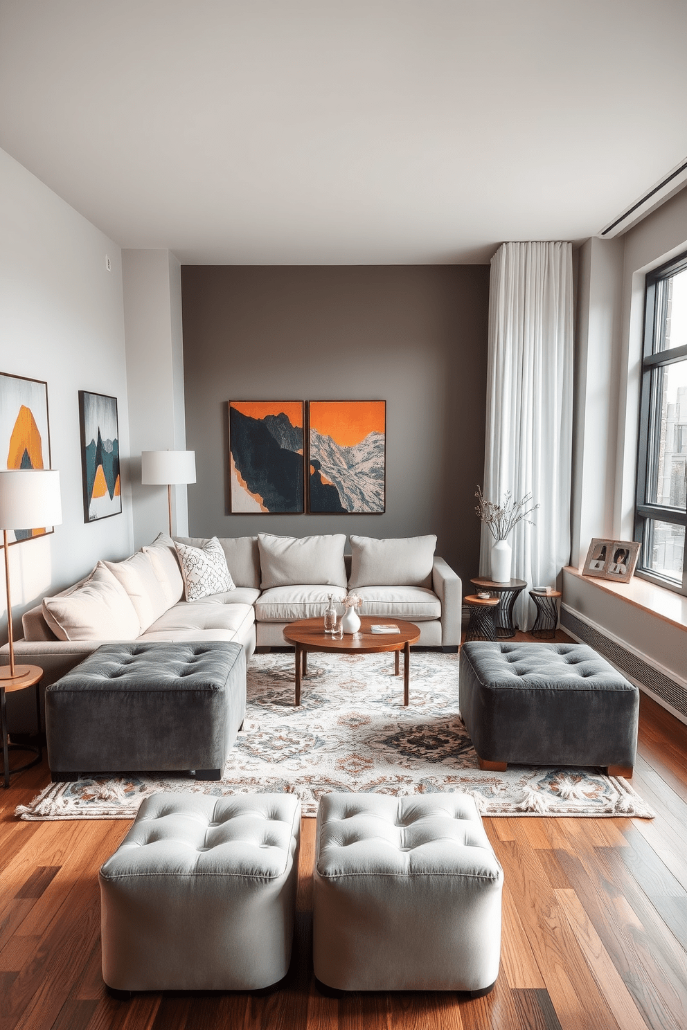 A stylish apartment living room featuring a comfortable sectional sofa in a neutral tone. In the center, a large area rug anchors the space, complemented by two chic ottomans that provide extra seating and hidden storage. The walls are adorned with modern art pieces that add a pop of color to the room. Large windows allow natural light to flood in, enhancing the warm ambiance and showcasing a cozy reading nook by the window.