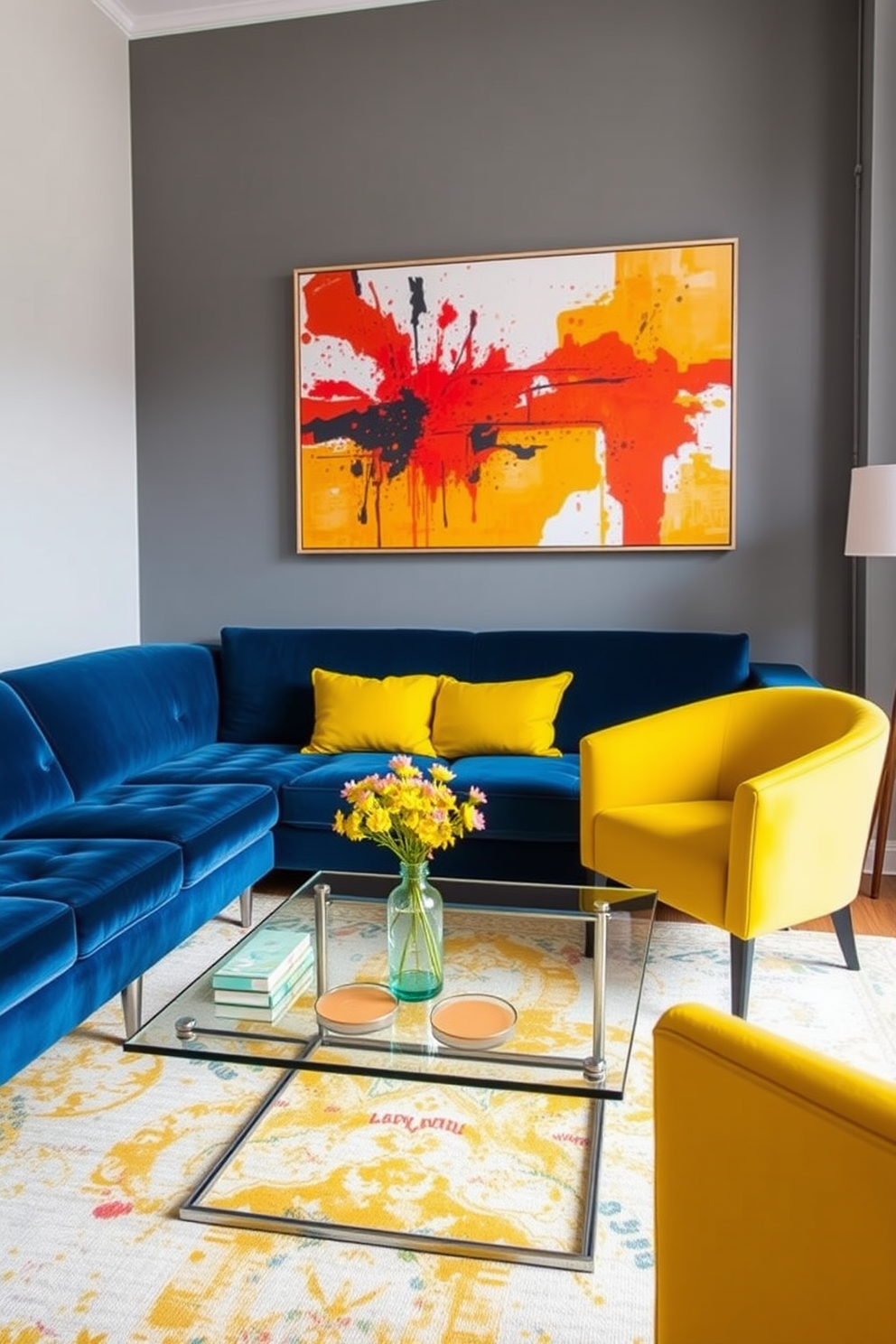 A vibrant apartment living room filled with bold accent colors. The main seating area features a deep blue velvet sofa paired with a bright yellow armchair, creating a striking contrast. The walls are painted in a soft gray tone to allow the colors to pop. A large abstract artwork with splashes of red and orange hangs above a sleek glass coffee table, enhancing the energetic atmosphere.