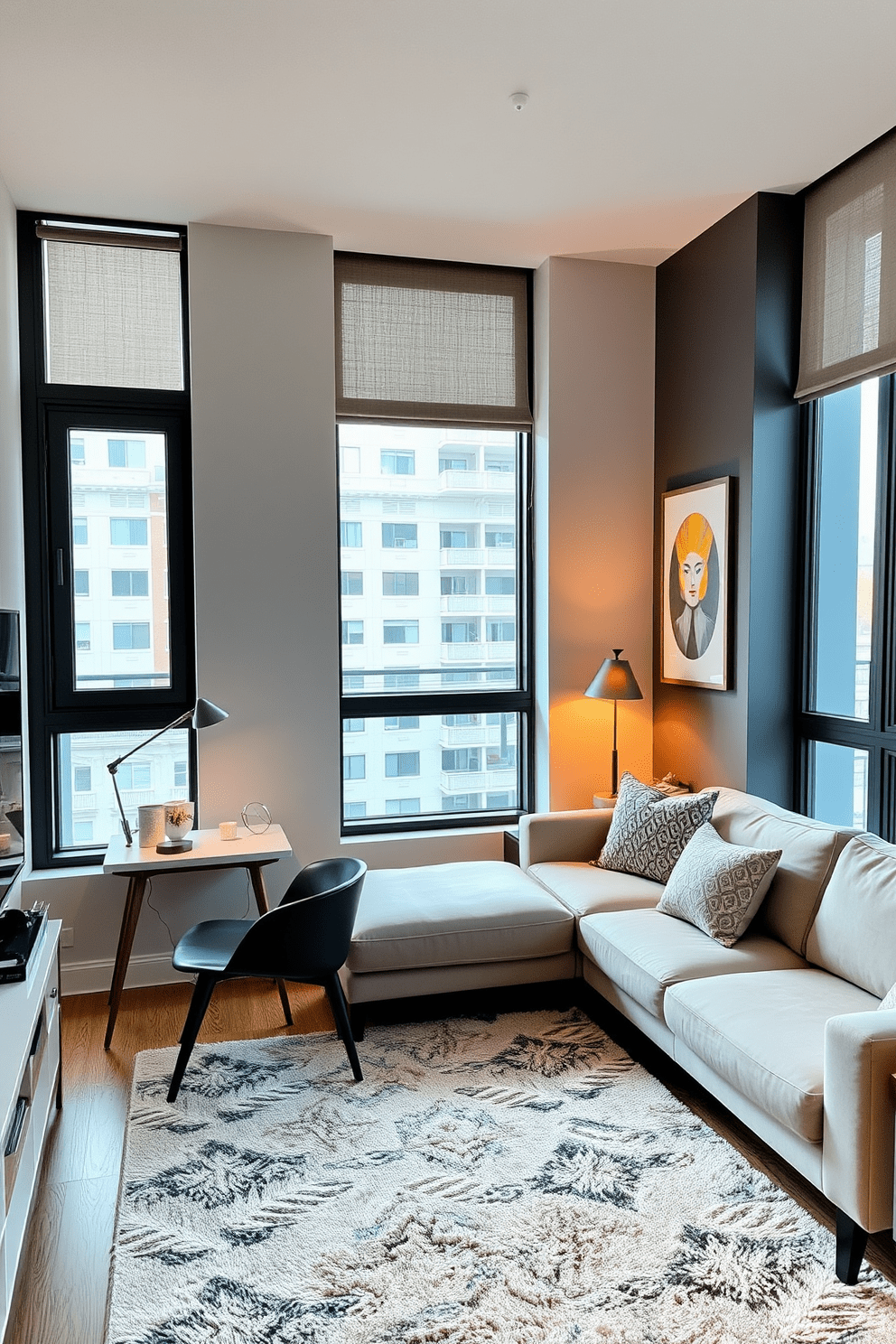 A stylish apartment living room features a cozy seating area with a plush sectional sofa in a neutral tone. A small desk is positioned in the corner, accented by a sleek desk lamp and a few decorative items, creating an inviting workspace. The walls are adorned with modern art pieces that add a pop of color to the space. A soft area rug anchors the seating arrangement, while large windows allow natural light to flood the room, enhancing the overall ambiance.